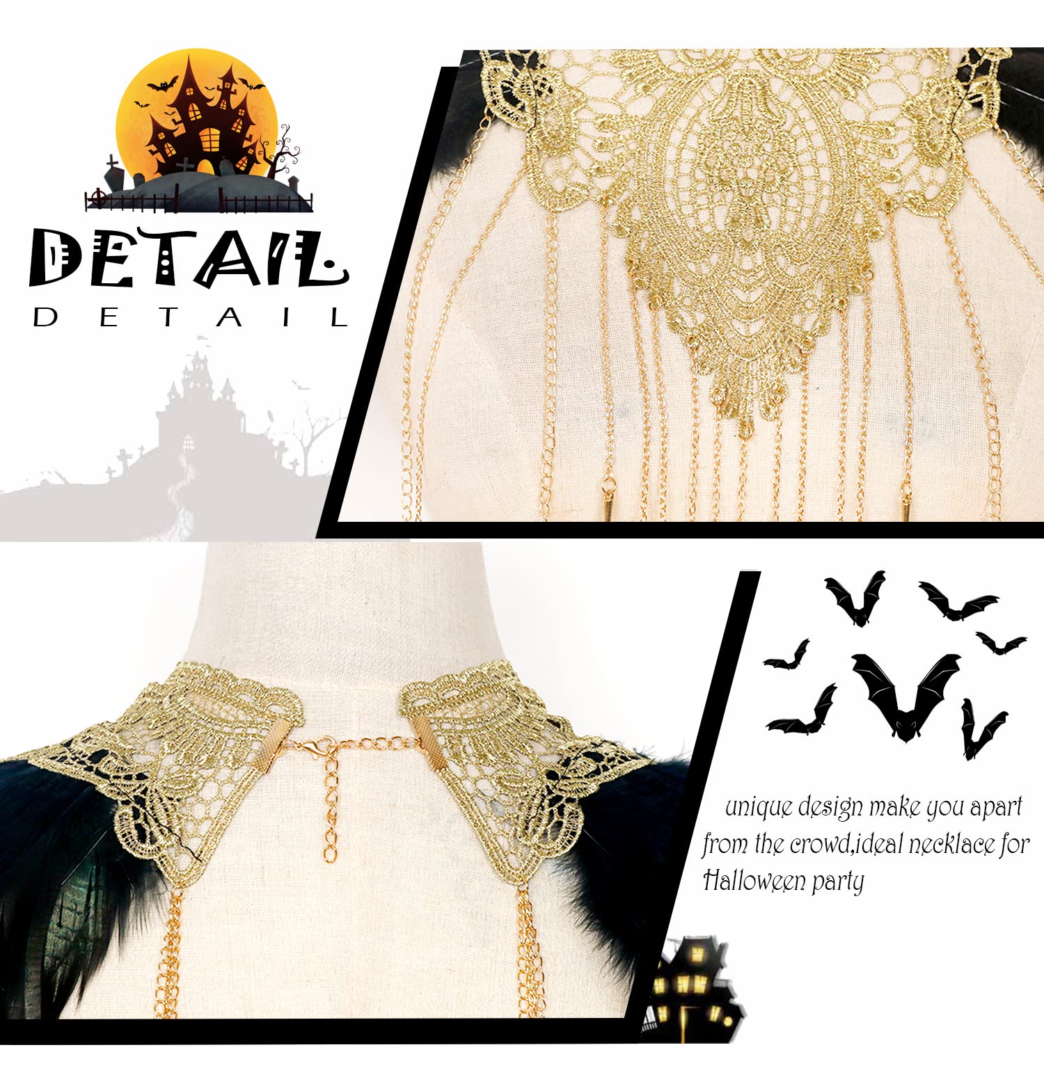 L'VOW Real Black Feather Harness Lace Collar Necklace Bib Halloween: Z-Brown-01