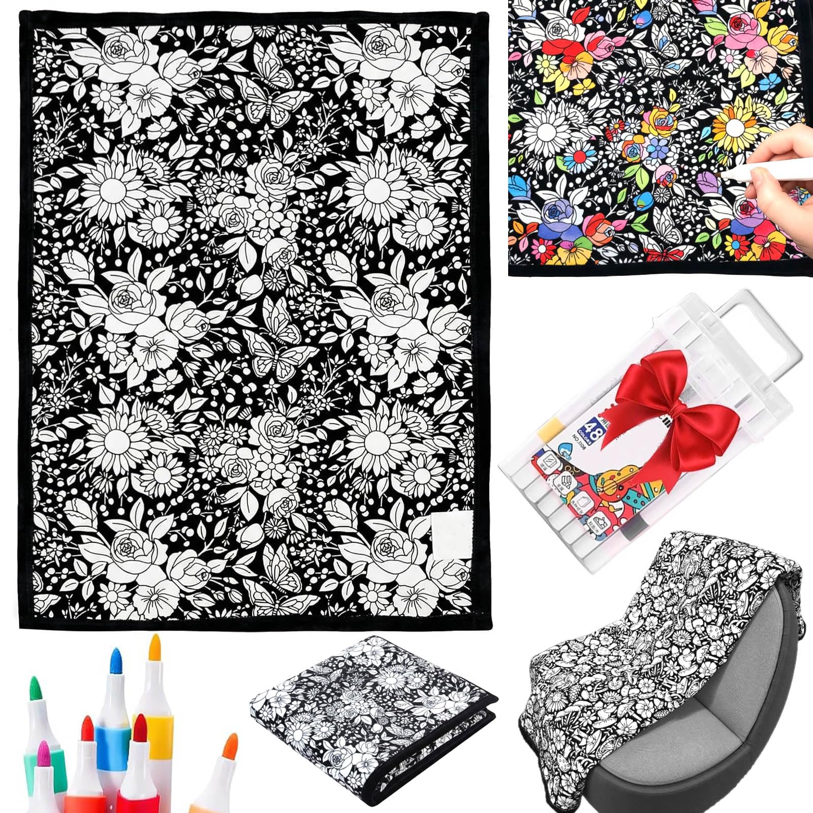 DIY Colouring Blanket for Adults, 50x60 Inch Colour Your Own Blanket with 24 Pens, Washable Creative Personalized Art Project, Soft Cozy Fleece Drawing Throw, Ideal Home Decor, Stress Relief (Flower)