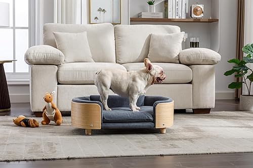 Miniatura 8 de Cama elevada para perros fácil de limpiar con funda de terciopelo extraíble, cama para mascotas con marco de madera maciza para un apoyo firme para