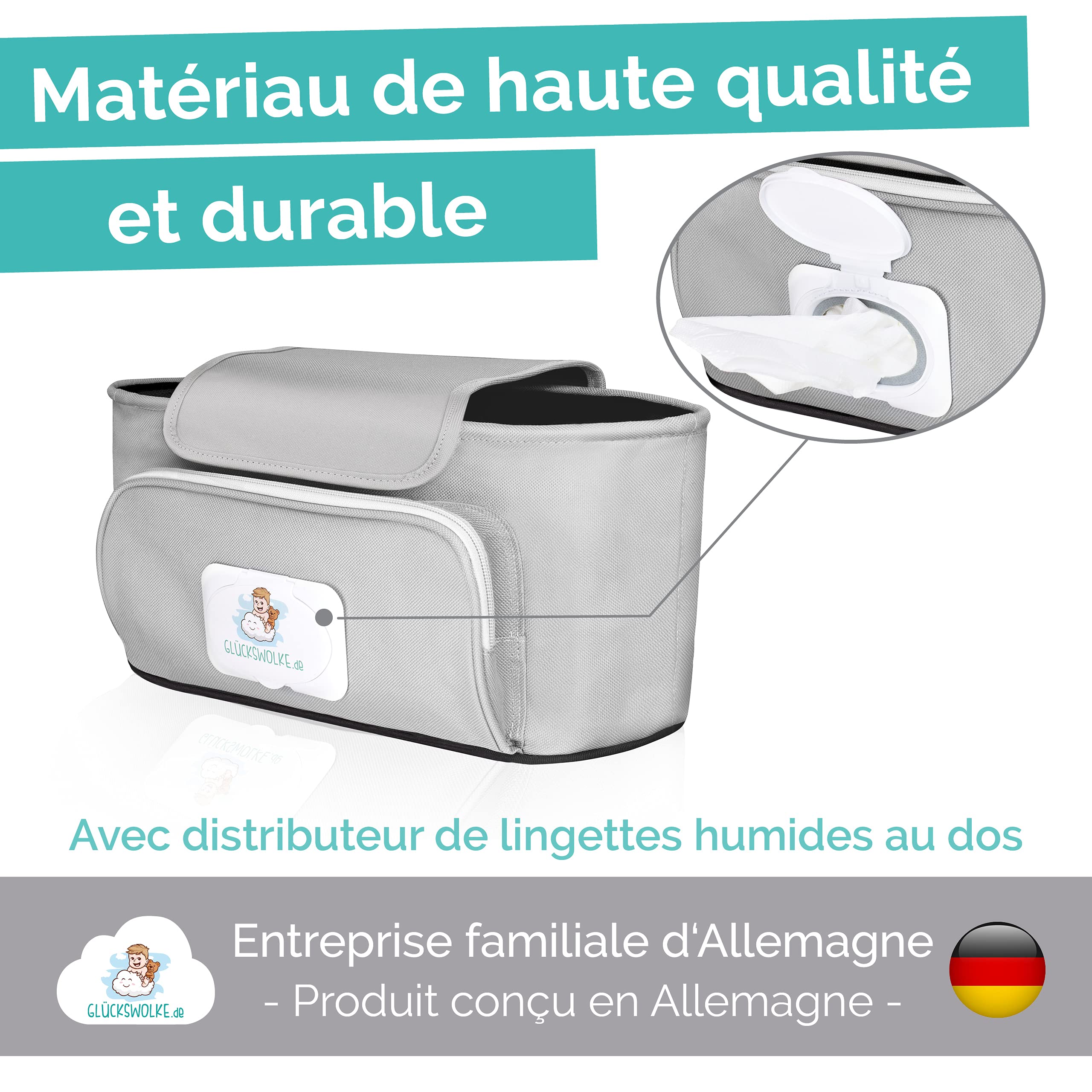 GLÜCKSWOLKE Sac Organisateur Poussette – 6 Motifs I Sac pour Landau I Pochette avec Distributeur de Lingettes I Baby Bebe Accessoire Garcon et Fille I Sacoche de Rangement - Motif Dinosaure Gris