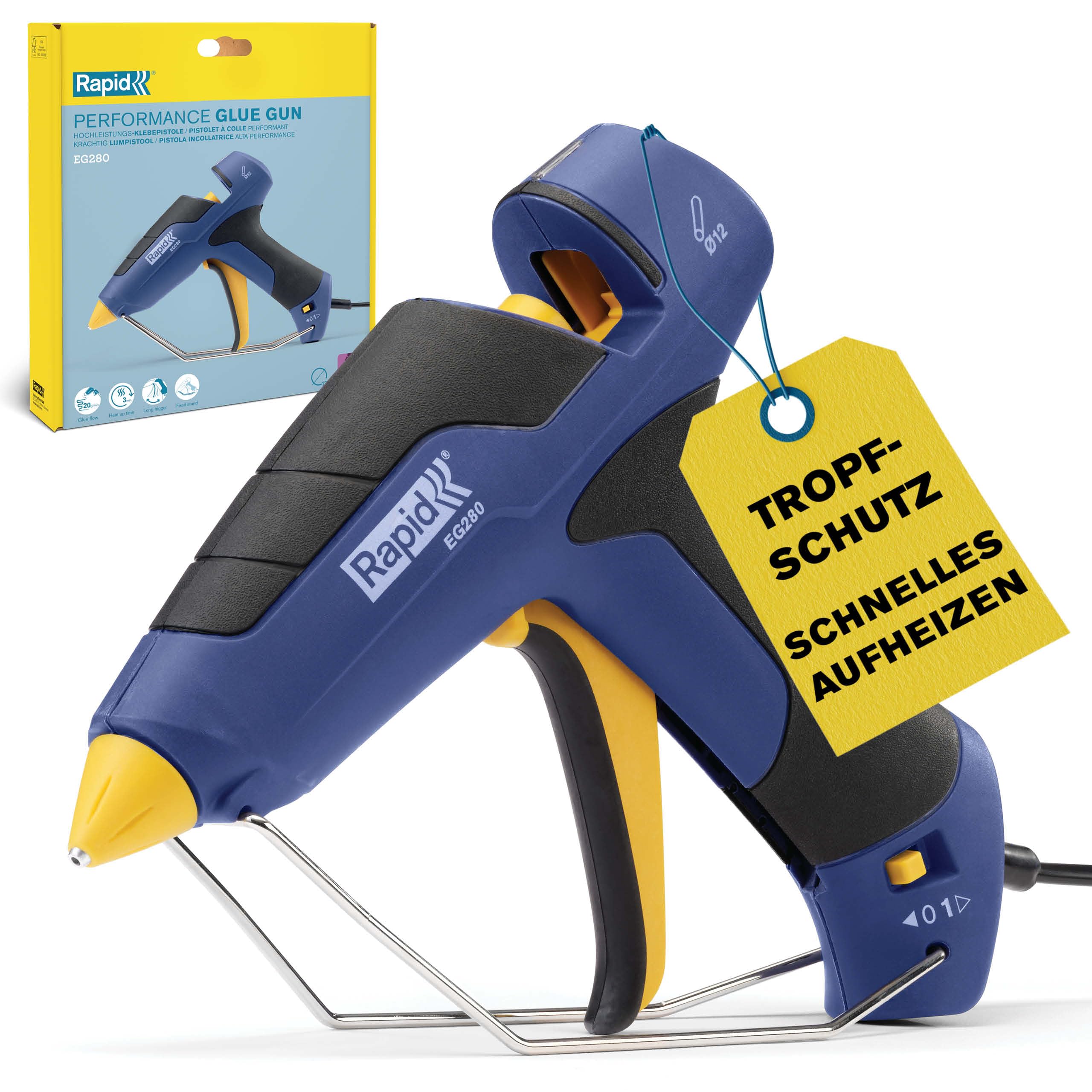 Rapid EG280 Heißklebepistole für 12mm Klebesticks, 600g/Std., 3 Min Aufheizzeit, Soft-Grip-Griff, Auswechselbare Düse, Fester Standfuß - für Heimwerker & Bastler