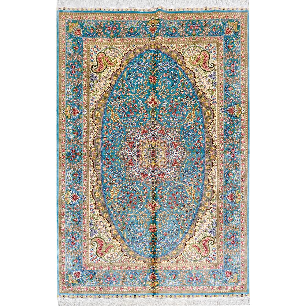 Oriental Silk Carpet 4x6 Blue Handmade Traditional Medallion Vintage Luxury Silk Living Room Rug