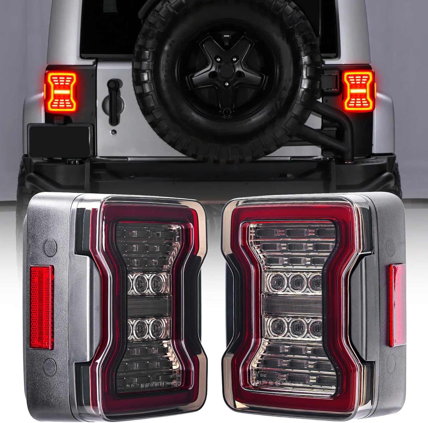 LED Tail Lights Compatible with 2007-2018 Wrangler JK JKU Unlimited Sport S Rubicon Sahara, DOT Approved Rear Taillights w/Built-in Resistors, Running, Brake, Turn Signal & Reverse Lights, Smoked Len