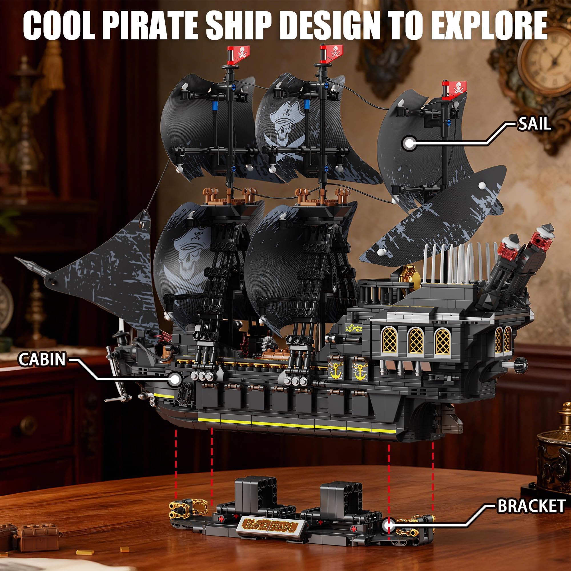 TYCOLE Perla Negra Barco Pirata Juguete Juego Bloques Construcción Luces Modelo Creativo Regalo Niño 8 Años Niñas Adultos Decoración Hogar Oficina 2288 Piezas