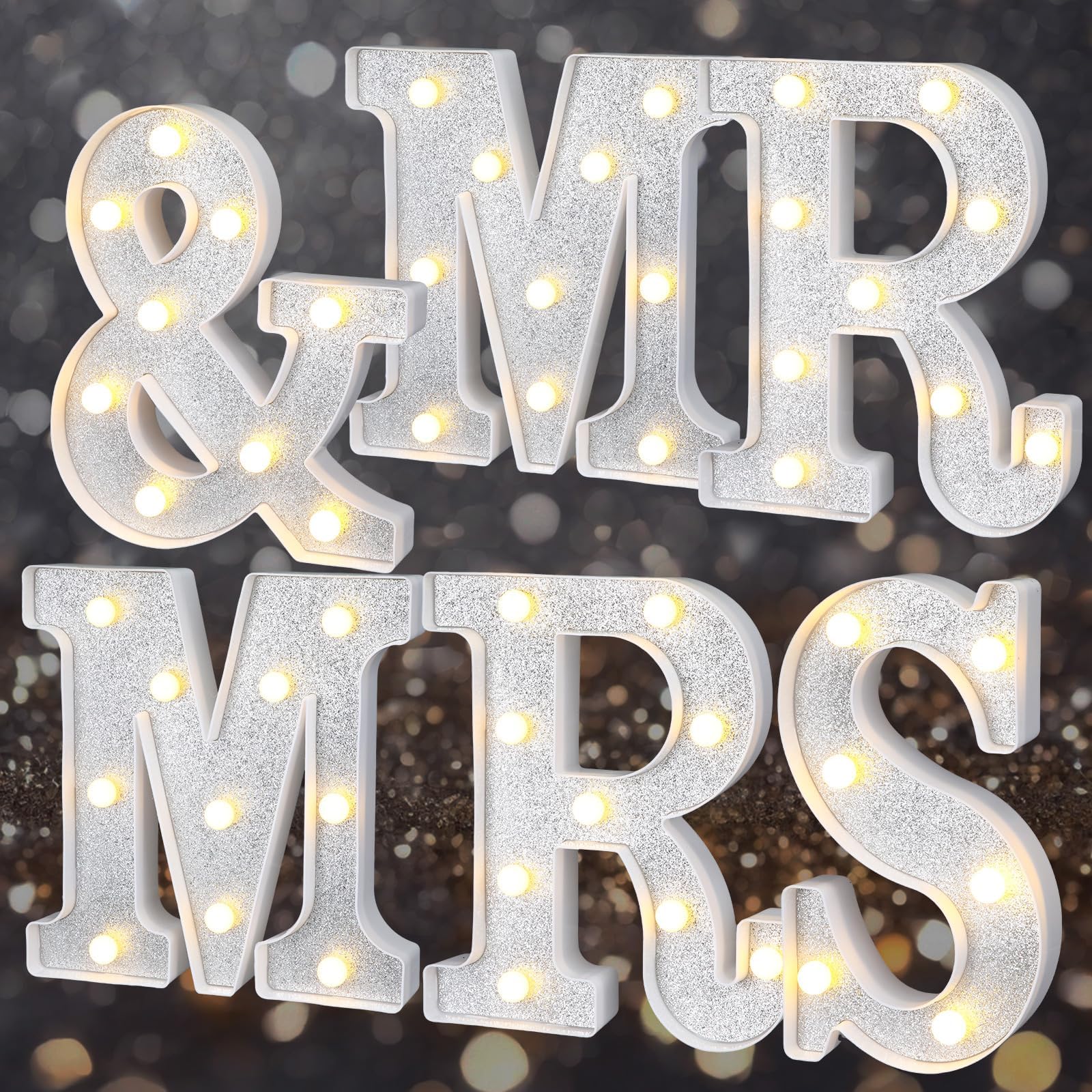 VIHOSE 6 Pcs Glitter Light Up Letters Glitter Shiny Letter Lights Mrs and Mr Sign Wedding Party Decor Battery Operated Wedding Table Wall Decor Shiny Alphabet Sign Gifts(Silver)