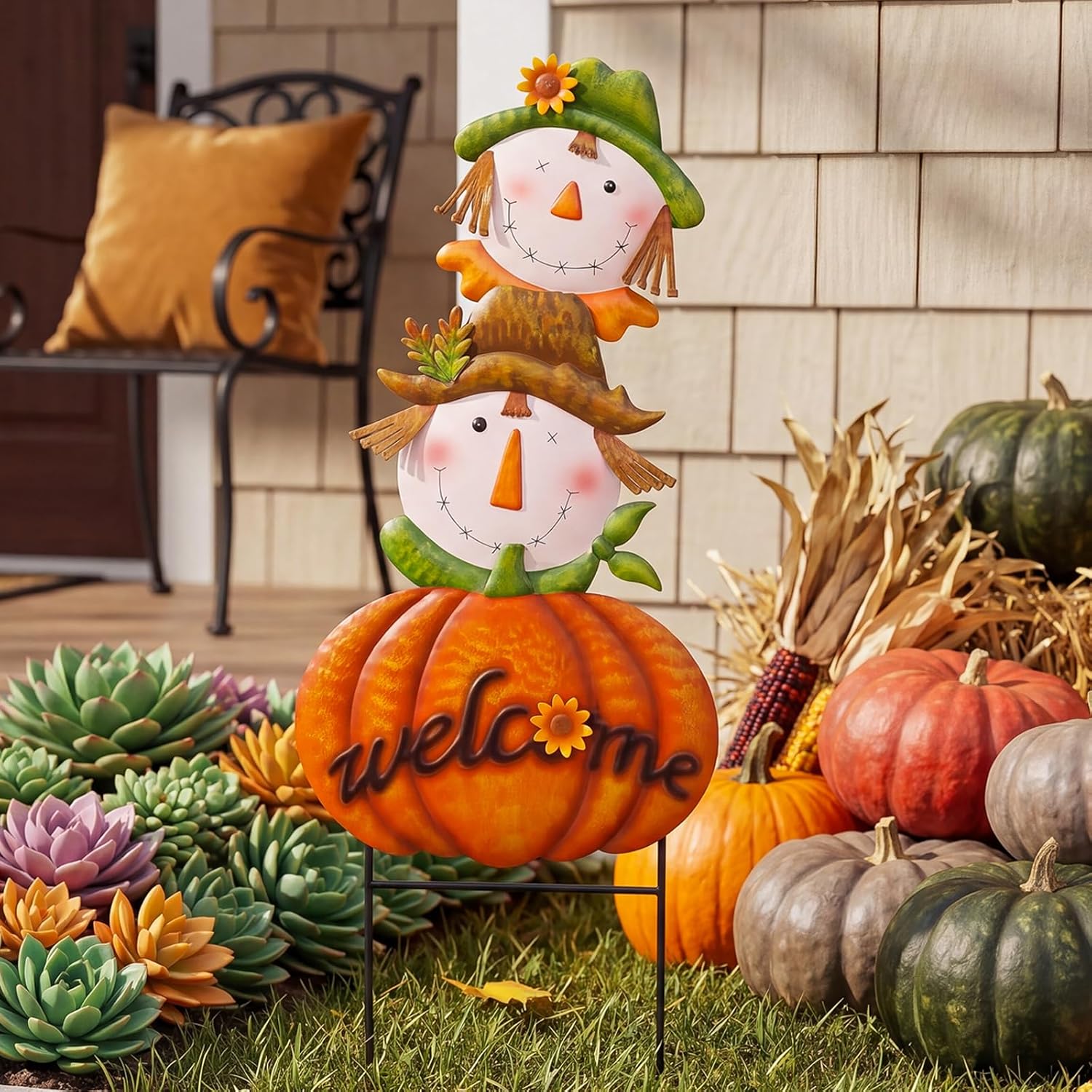 3 pcs Metal Fall Garden Stakes, Scarecrow & Pumpkin Fall Outdoor Decor