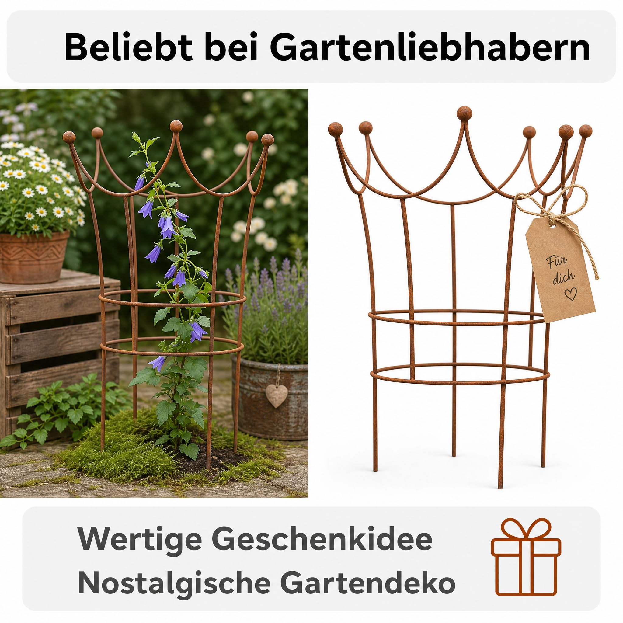 Pflanzenstütze in Edelrost, Staudenstütze Metall in Kronenform, Rankhilfe Garten & Rosenstütze, bepflanzbar, wetterfest, 60 × 50 cm, dekorative Gartendeko Vintage