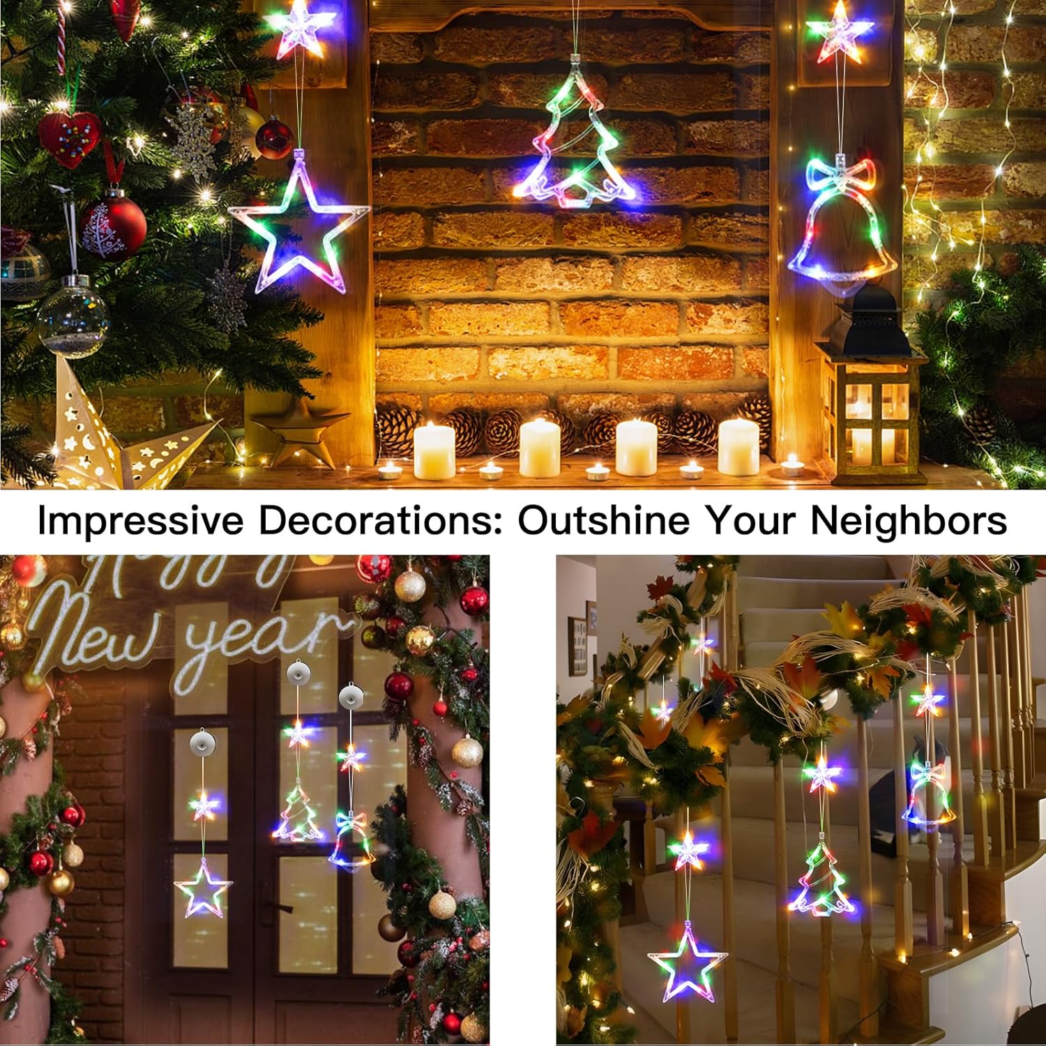 suddus 3Pcs Christmas Window Lights with Timer, Battery Operated LED Xmas Decorations with Suction Cup Hooks, Star, Bell & Tree Shaped Indoor Hanging Lights for Window Wall Holiday Party (Multicolor)