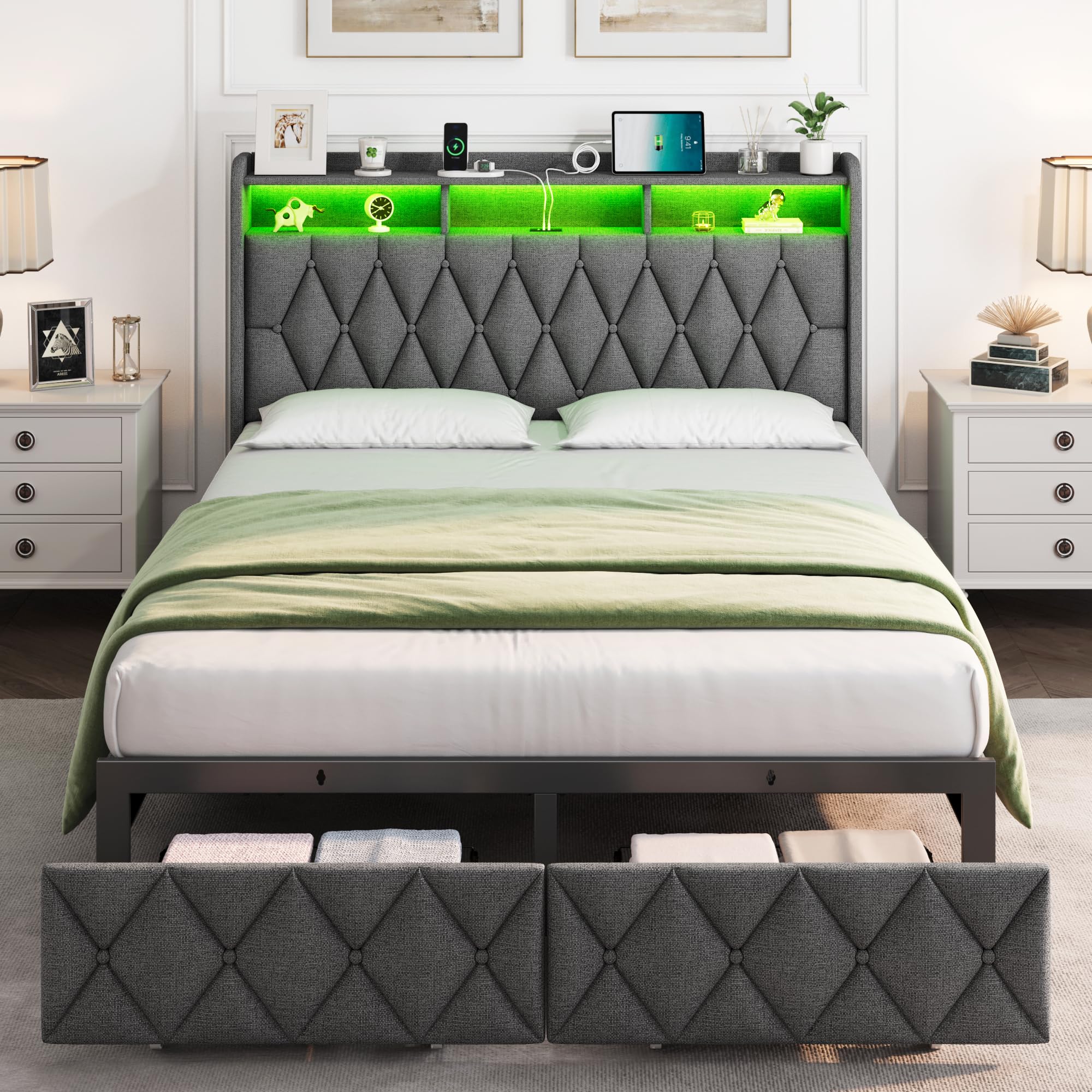 Full Size Bed Frame with 2 Storage Drawers, Upholstered Full Bed Frame with LED Lights Headboard and Charging Station, No Box Spring Needed, Easy Assembly- Dark Grey