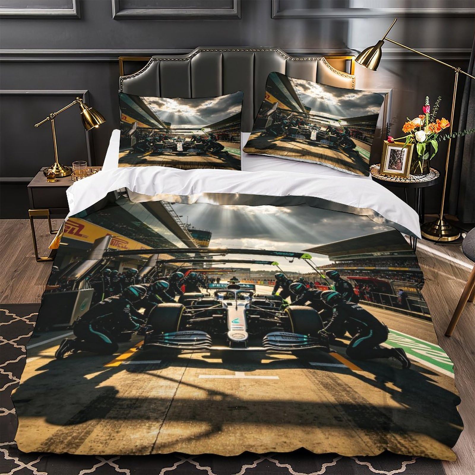 XiaopangXY Breathable Single（140x200cm） Mercedesse Racing Quilt Cover Set With Hidden Zipper, Pit Stop Duvet Cover Set with Pillowcases Bedding Set Soft Microfiber