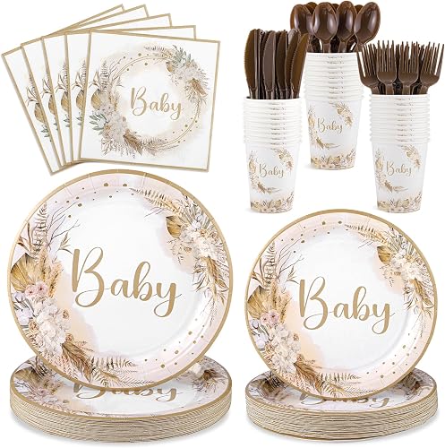 Boho Baby Shower Tableware Set For 25 Guests, 175 Pcs, Neutral