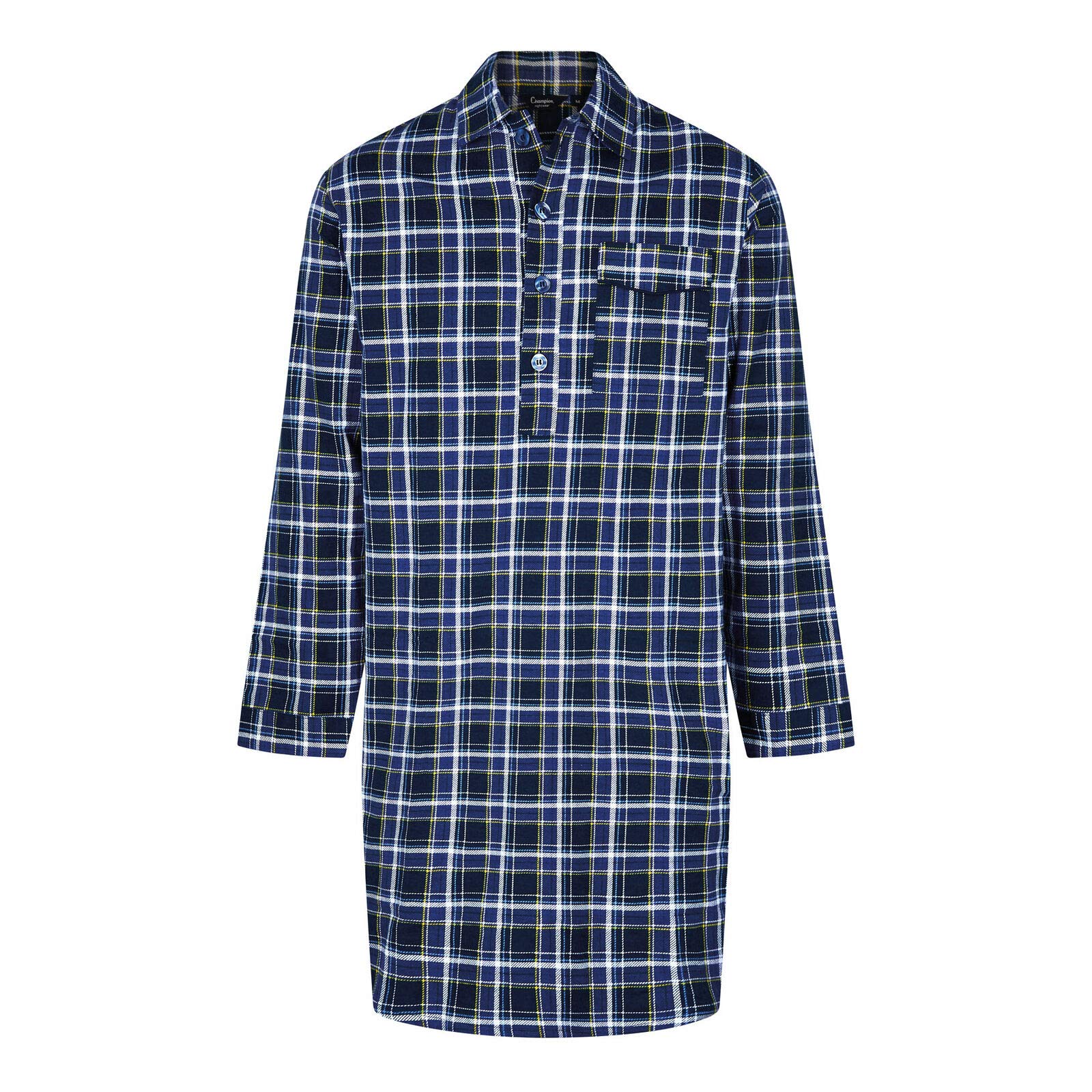 Fashion Group New Men's Brushed Cotton Flannelette Checked Button Up Comfortable and Warm Nightshirt PJ (Navy Check, M)