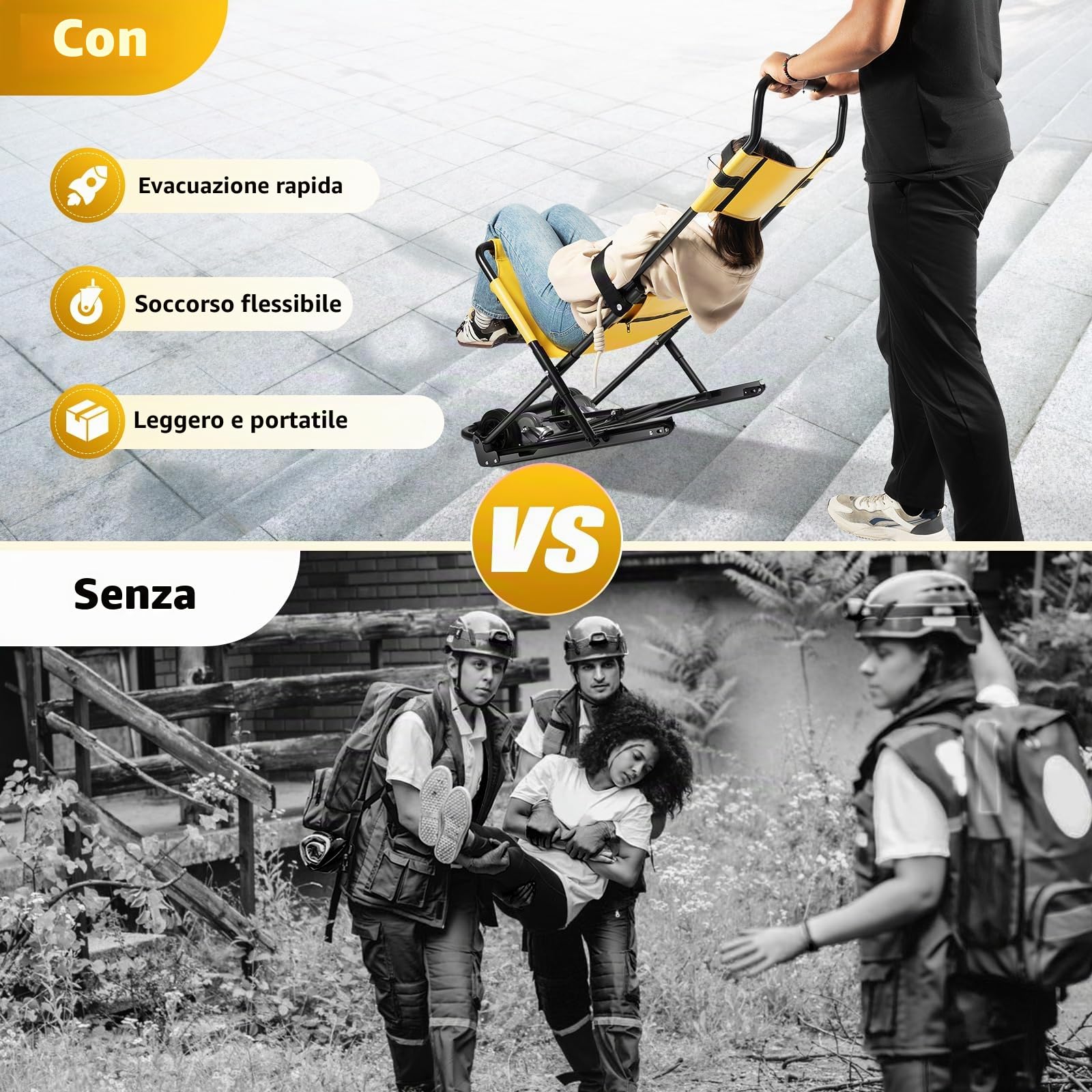 Sedia pieghevole per scale fino a 159 kg, sedia a rotelle con 4 ruote, in alluminio, portatile, per anziani, trasferimento giornaliero EMS