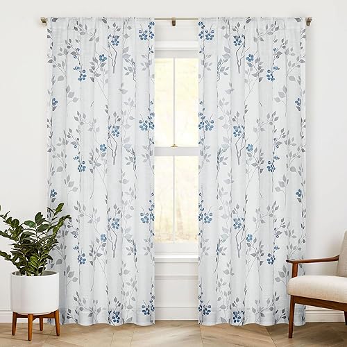 Miniatura 11 de Beauoop cortinas de lino floral semitransparentes de 84 pulgadas de largo, 2 paneles para dormitorio y sala de estar, azul marino, con diseño