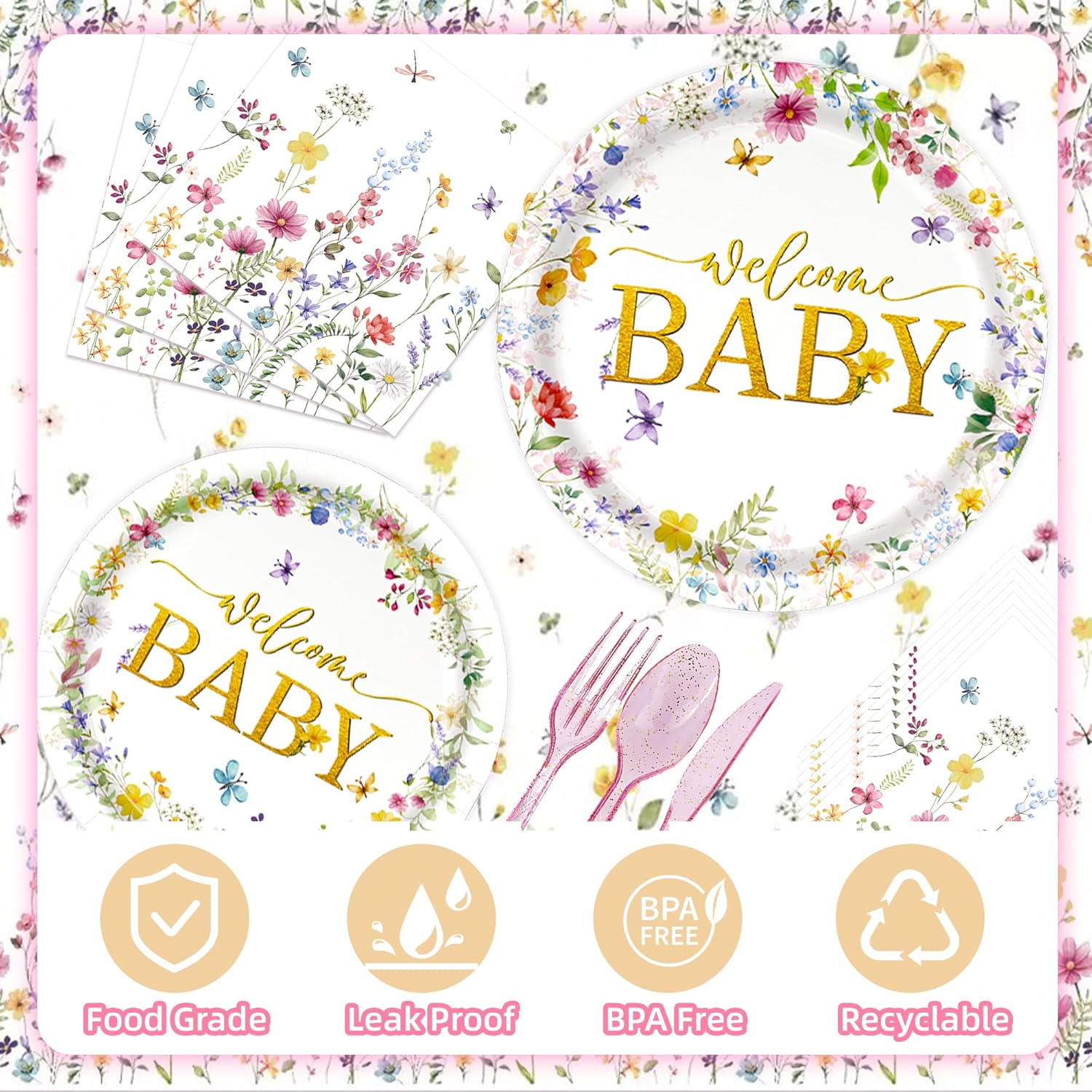192PCs Wildflower Baby Shower Decorations Set, Baby Shower Decorations Party Decorations with Wildflower Plates Cup Napkin Tablecloth Tableware Banner Cupcake Topper Floral Supplies for 24 Guests