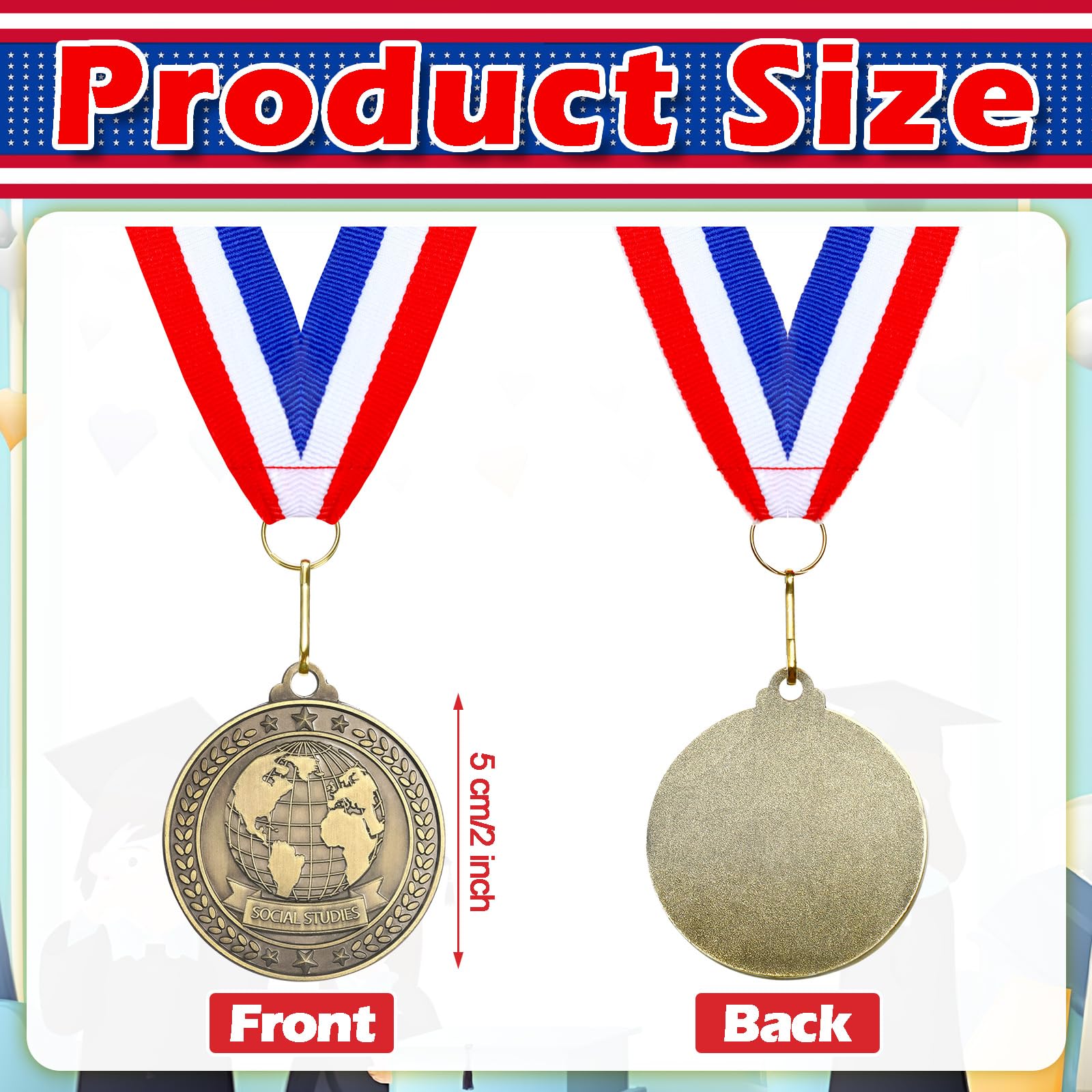 Quelay 30 medallas de premio de 2 pulgadas, medallas de oro a granel con cintas para el cuello, trofeo de metal, regalo para torneos, competiciones, fiestas, niños y adultos (estudios sociales)