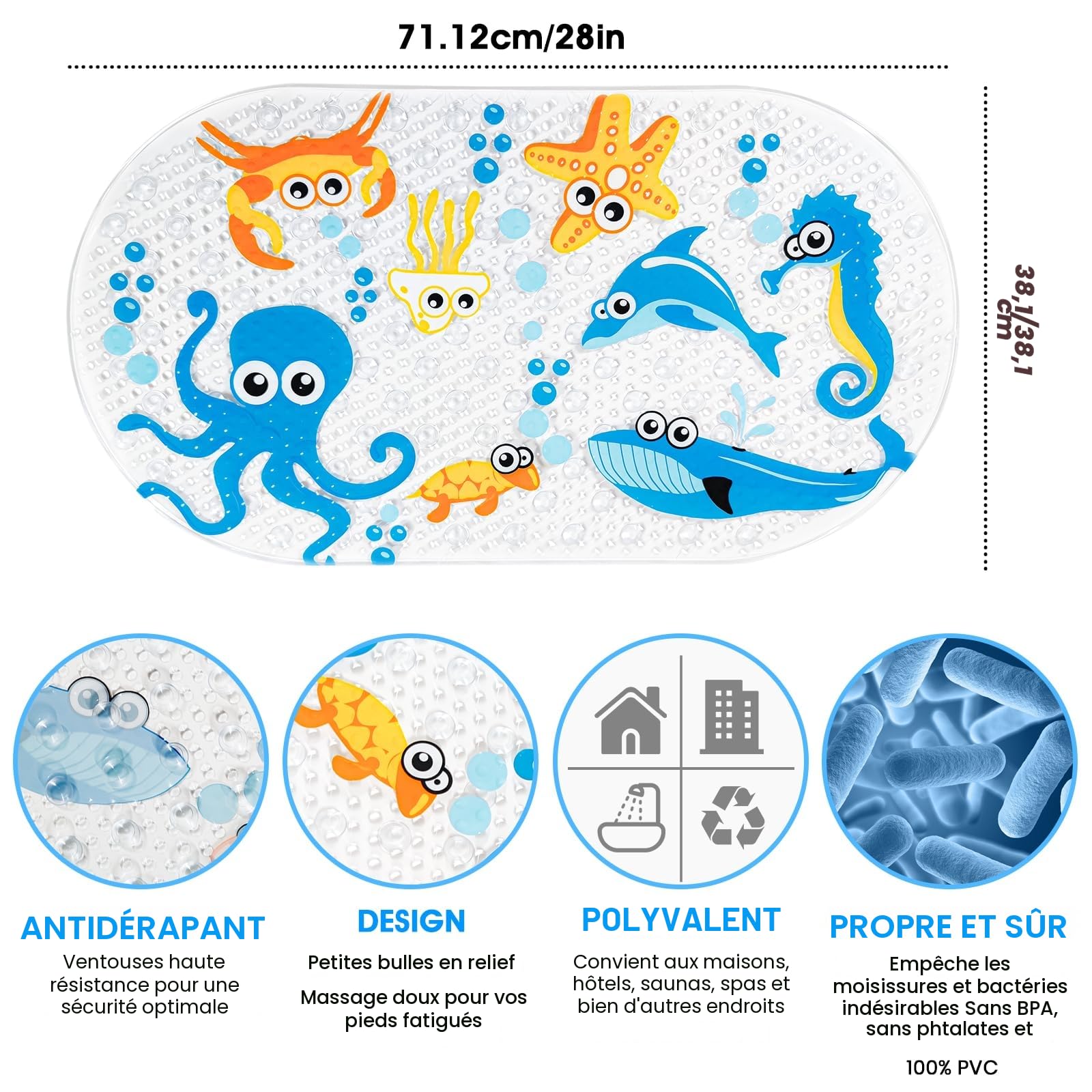 Tapis de Bain Bande Dessinée Antidérapant avec Ventouse 71x38cm Pieuvre