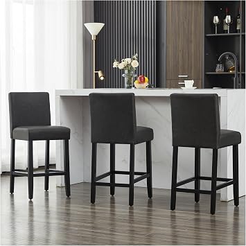 adochr PU Leather Bar Stools Set of 3, Barstools with Back Suport, Wooden Island Chairs, Stools for Kitchen Counter, Black
