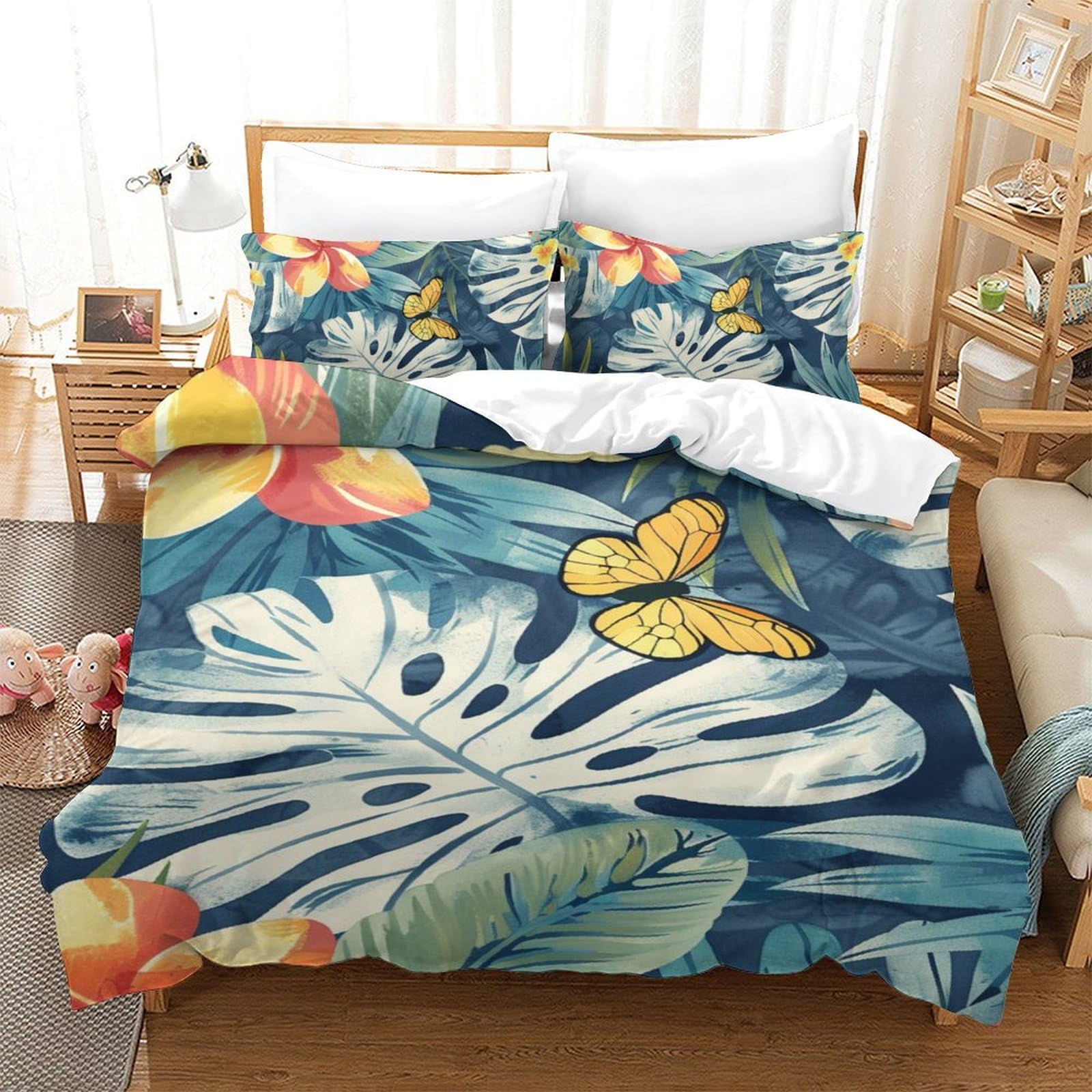 Housse de couette lit simple motif feuilles pour chambre enfant et ado