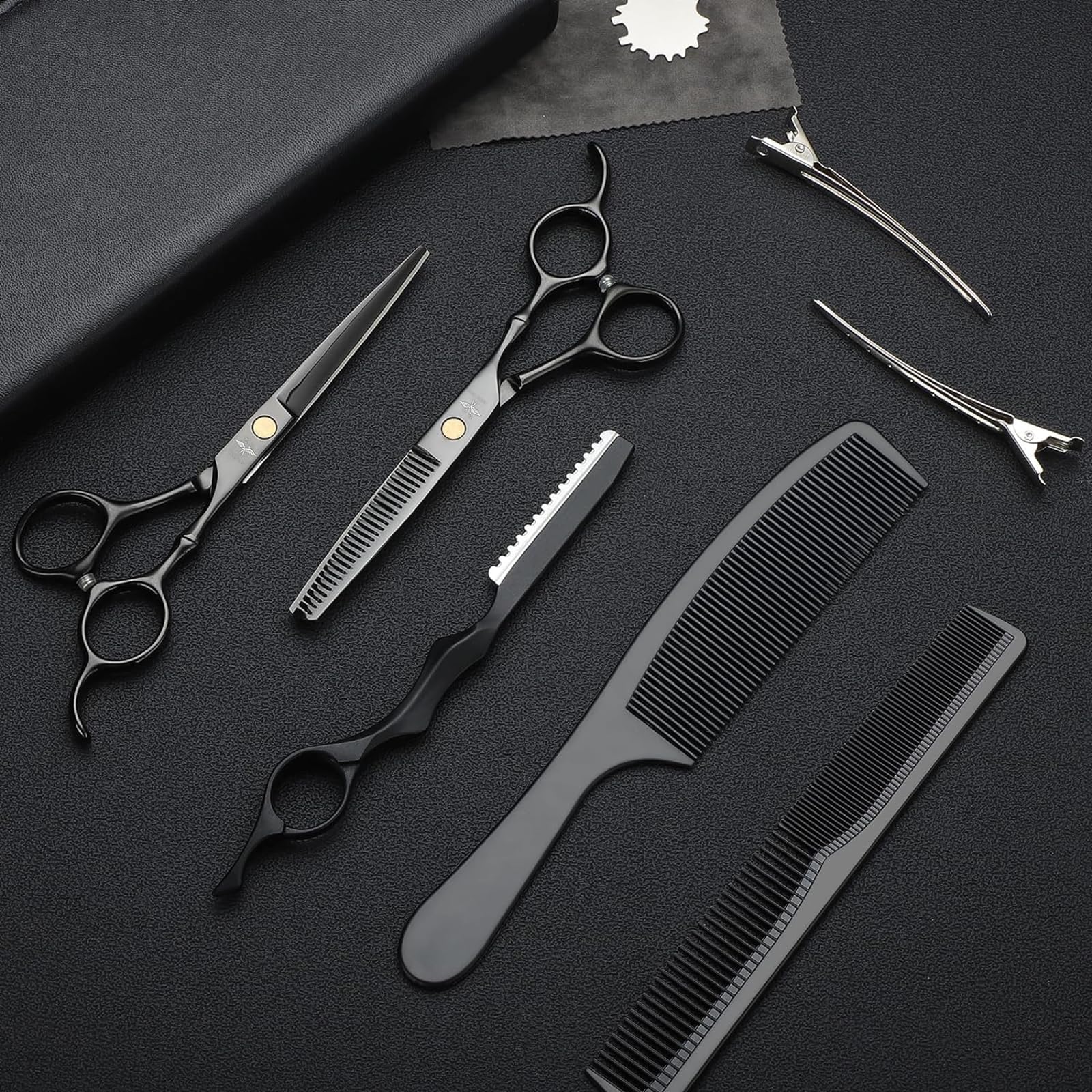 PURPLEBIRD Juego Tijeras Peluquería 10 Piezas Acero Inoxidable Negro | Juego versátil para corte de cabello con accesorios completos, adecuado para uso doméstico o profesional.