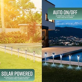 GloBrite Pack of 10 Solar Lights Outdoor Garden – Waterproof Stainless Steel LED Solar Garden Lights with Stake for Pathway, Driveway, Patio, Walkway, Lawn, Yard & Landscape Decoration