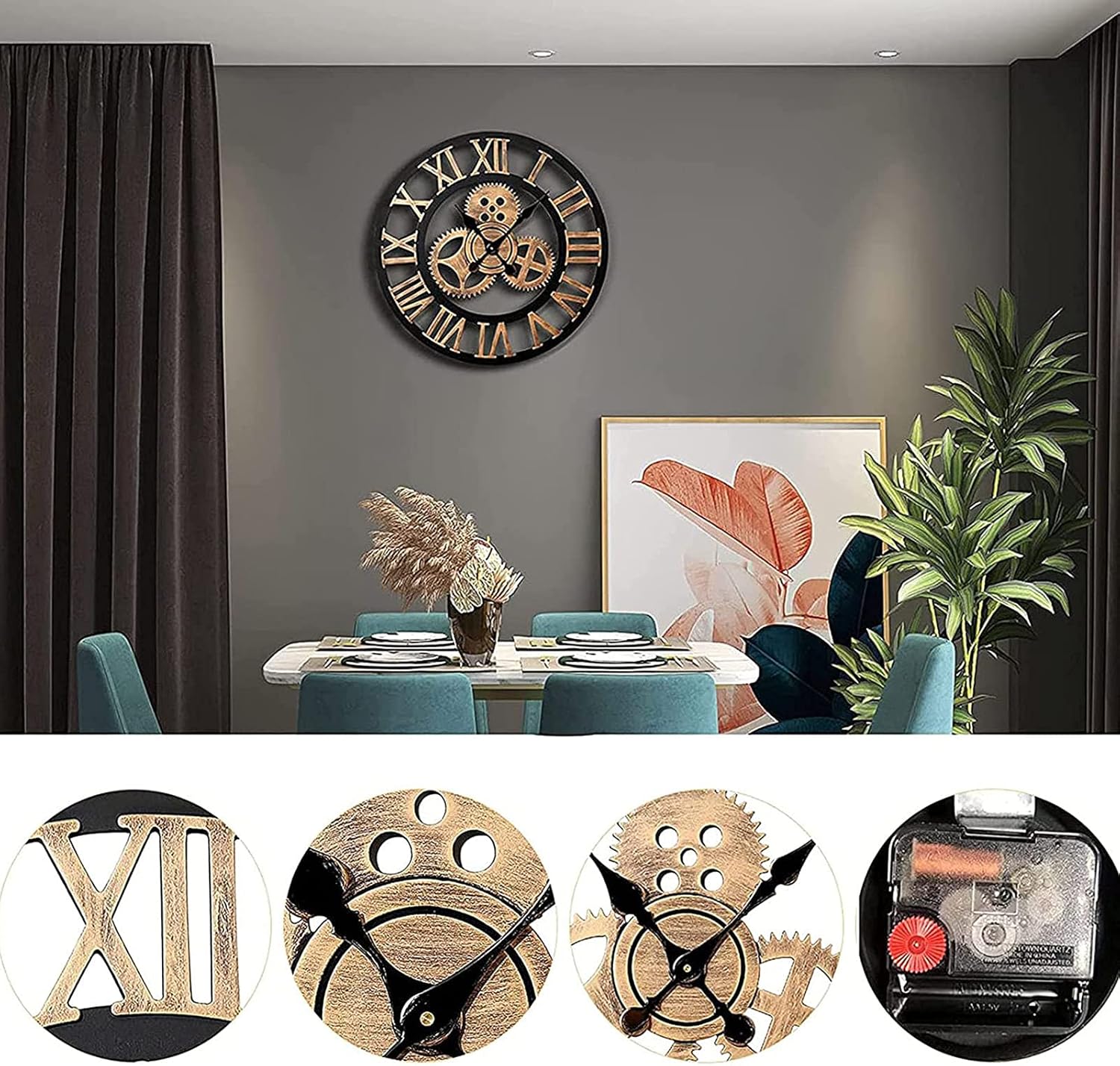 Wall clock Wall Clock,Outdoor Clock,Garden Clock,Round Shaped Large Industrial Iron Skeleton Roman Numerals Silent Non Ticking Home Decor Wall Clock, Big Decorative Farmhouse Wall Clock, Easy To