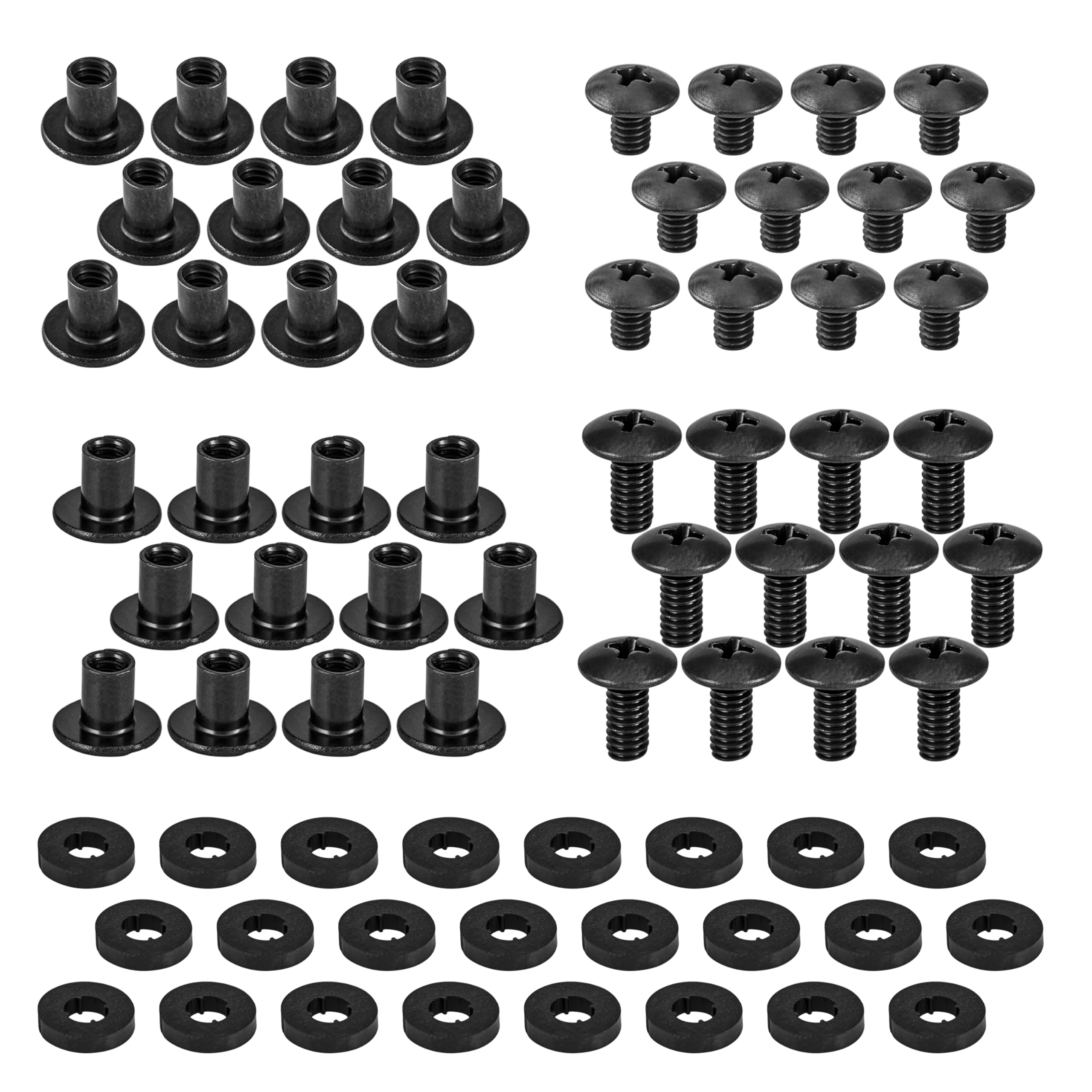 Black Chicago Screws, 72 Assorted Pieces of 1/4 & 3/8 Inch - for DIY Kydex and Leather Gun Holsters/Clips and Knife Sheaths, Includes Phillips Truss Heads + Open Slotted Fasteners + Rubber Washers
