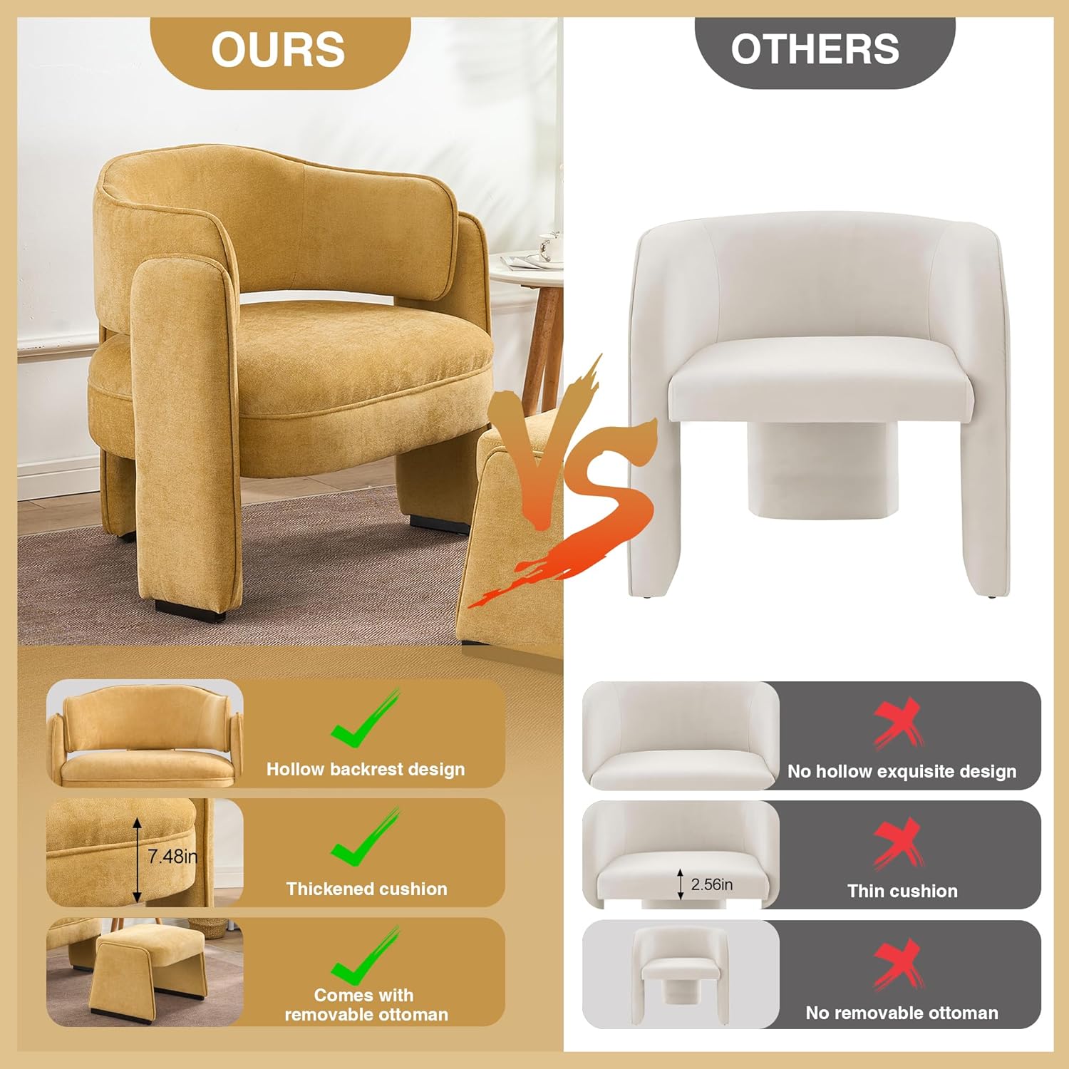 LOULENS Oversized Fabric Accent Chair with Ottoman, Modern Upholstered Barrel Chair with Foot Rest, Comfy Round Side Armchair for Living Room, Bedroom, Reading, Corner, Yellow