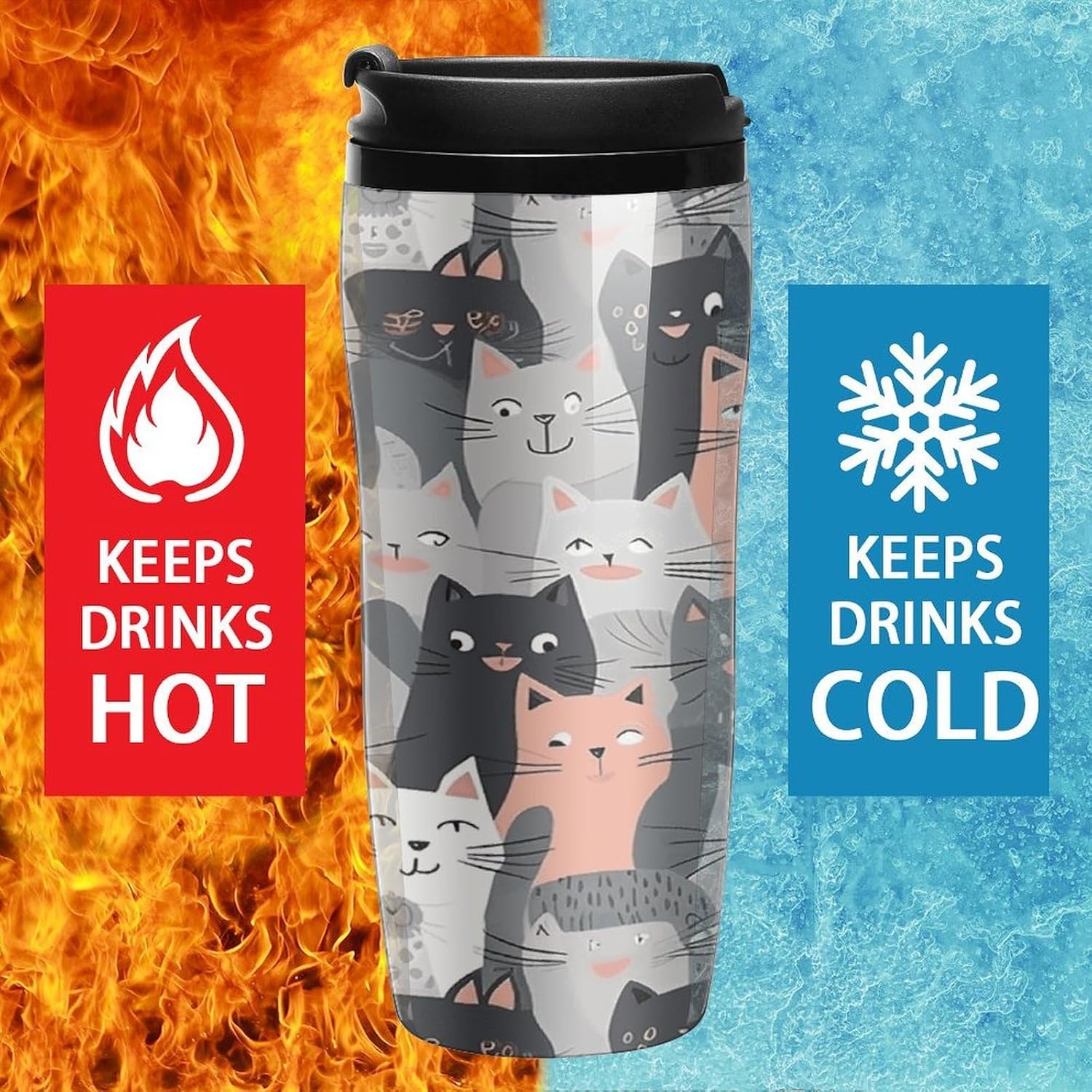 Cute Funny Grey Cats Pattern Coffee Cup Reusable Portable Water Bottle with Double-Walled Plastic,Coffee Mug for Hot & Cold Drinks, Cup Holder Friendly 350ml