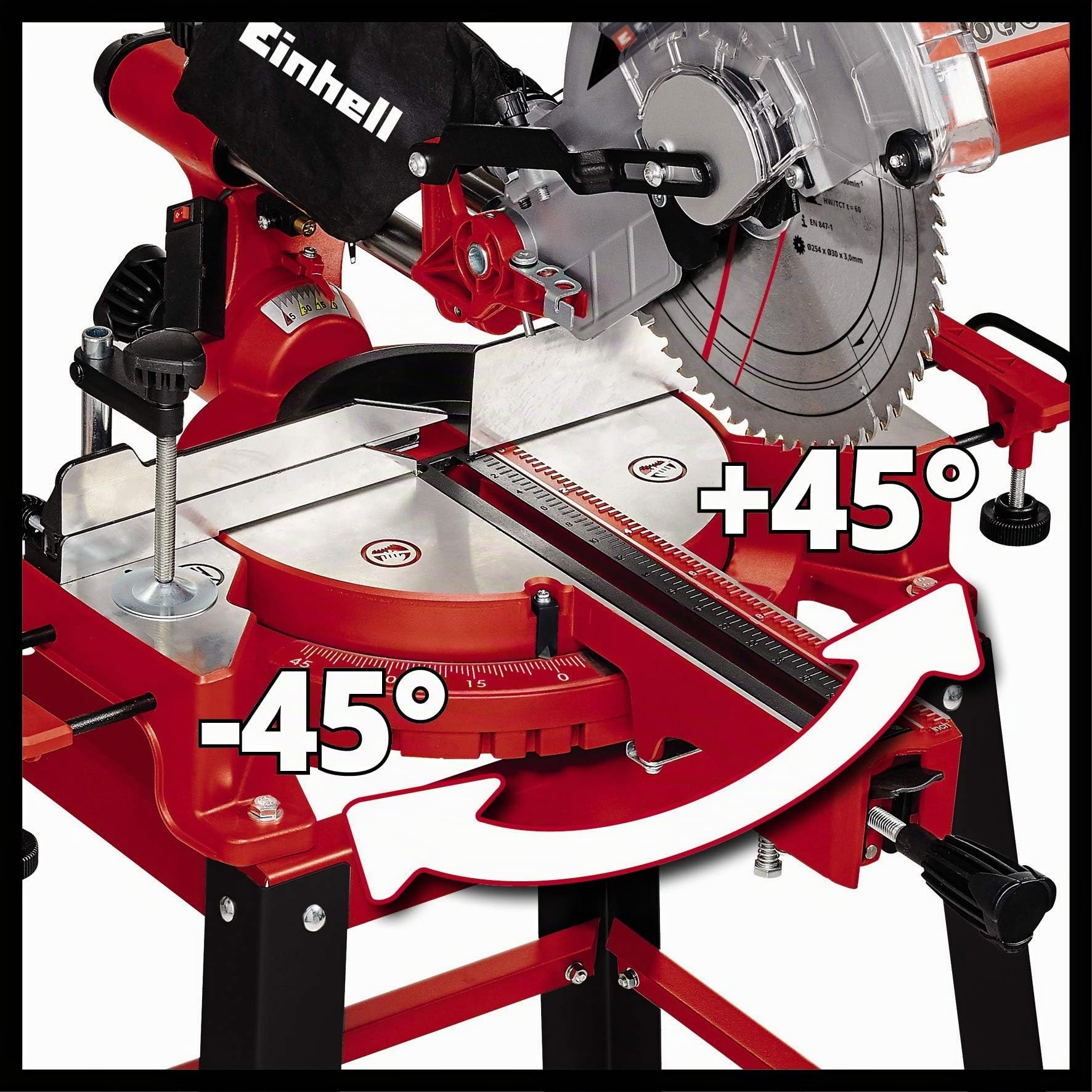 Einhell TC-SM 2531/2 U Troncatrice radiale (230-240 V, 1900 W, giri al min. 4800, lama Ø254 x ø30-60 denti, inclinabile sinistra 0-45°, taglio max 310 x 70 mm, con banchetto)