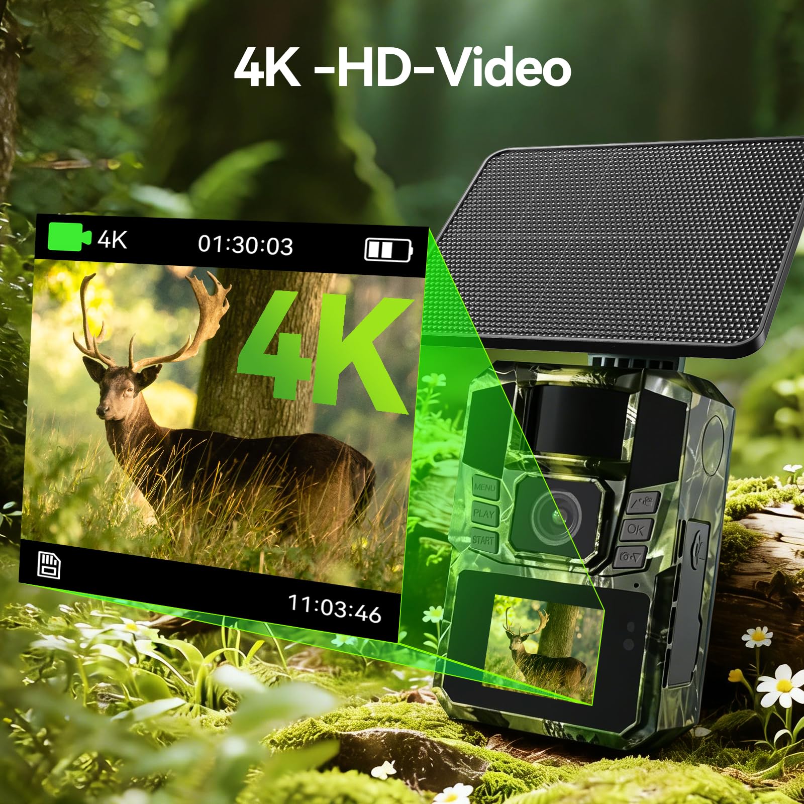WLAN Solar Wildkamera 4K 48MP mit Handyübertragung APP, Wildtierkamera mit Nachtsicht Bewegungsmelder Eingebaute 5200mAh Lithium-Batterie,64GB SD Karte, 0.1s Auslöser Bewegungsaktiviert, IP65