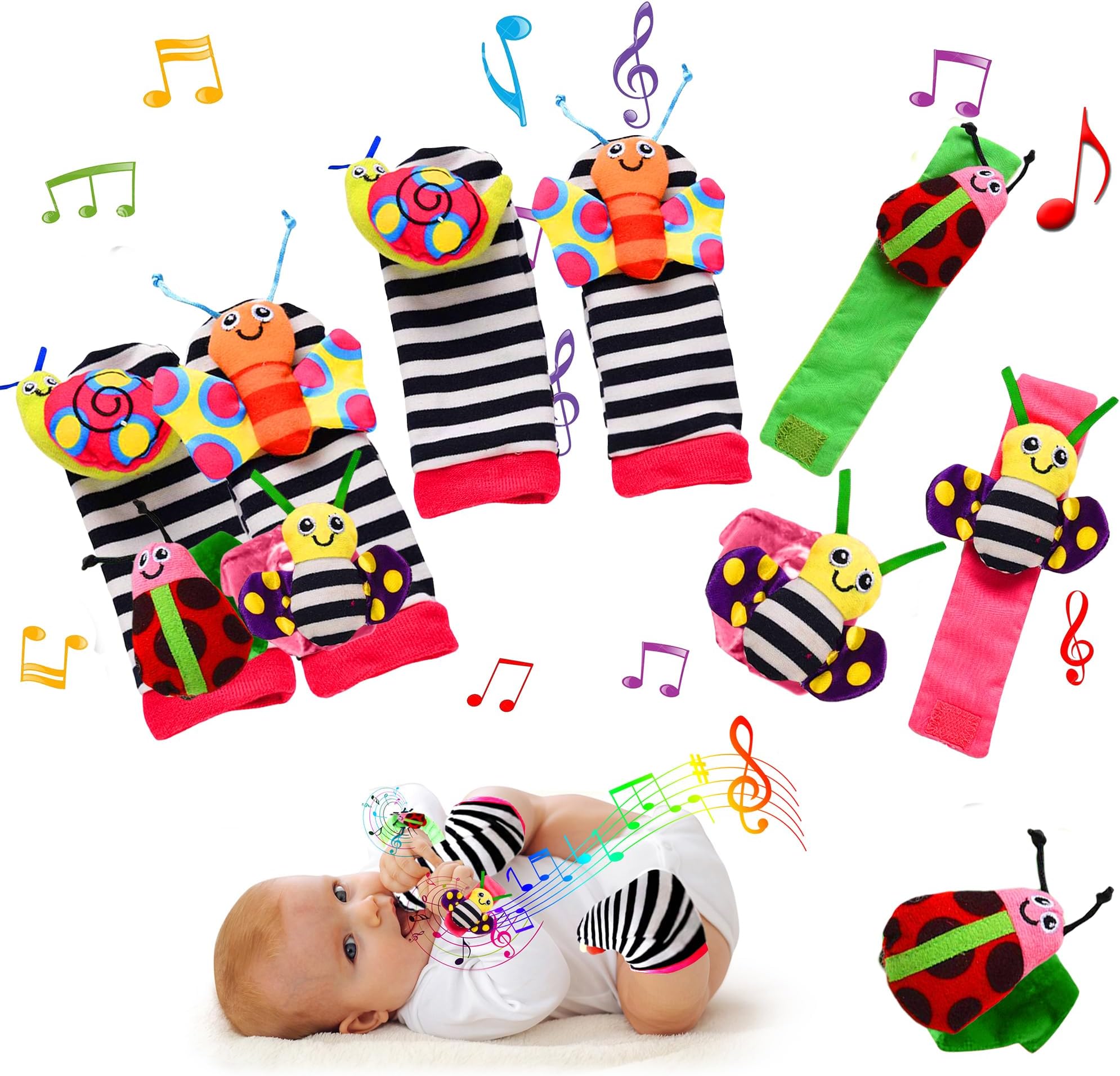 Baby Foot Finders Wrist Foot Rattles for Babies Baby Sensory Toys Socks Baby Rattle Gifts Toddler Newborn Girls Boys Boy Girl 0-3 3-6 6-9 9-12 Months Toy 2 Wrists & 2 Socks (Beautiful)