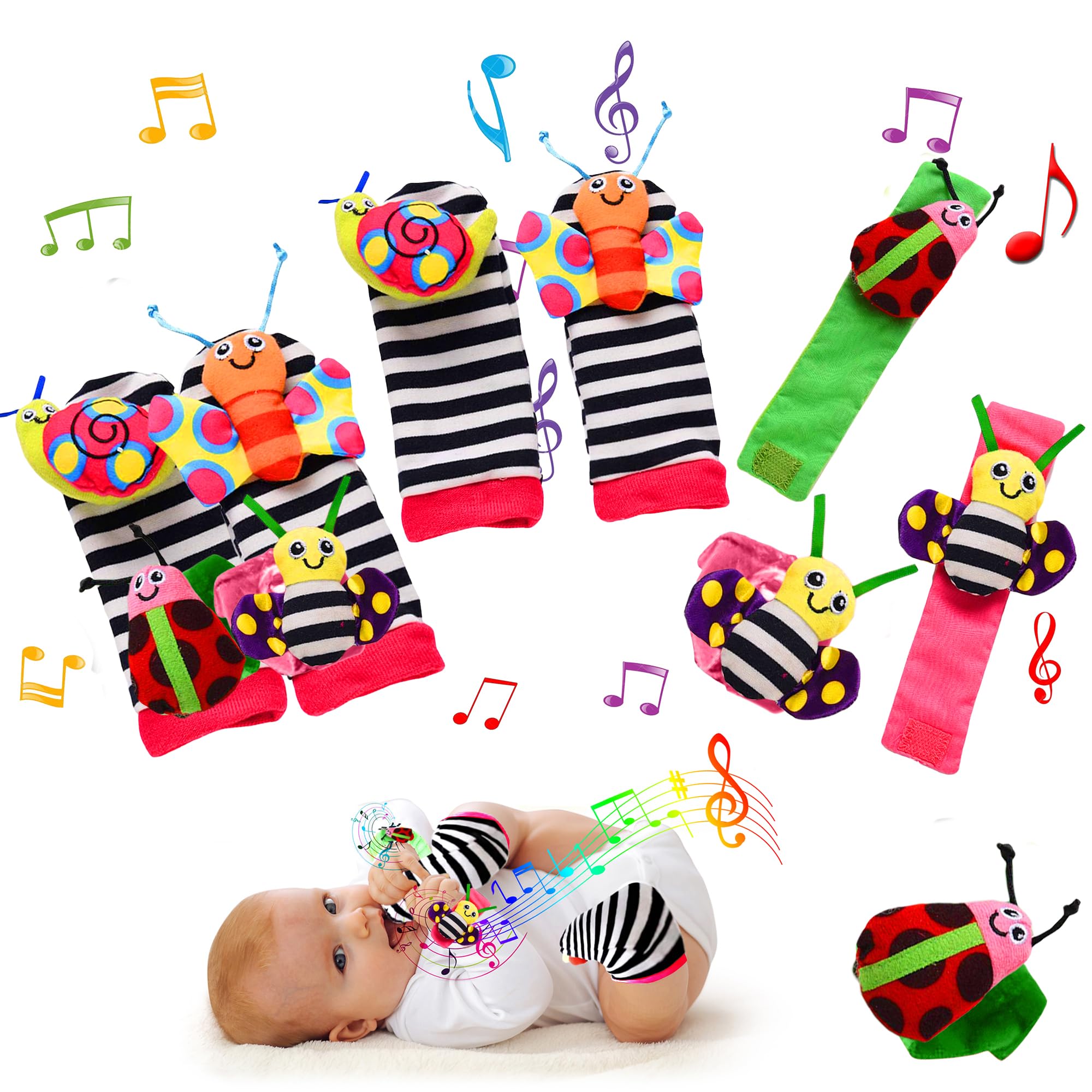 Adalex Global Baby Foot Finders Wrist Foot Rattles for Babies Baby Sensory Toys Socks Baby Rattle Gifts Toddler Newborn Girls Boys Boy Girl 0-3 3-6 6-9 9-12 Months Toy 2 Wrists & 2 Socks (Beautiful)