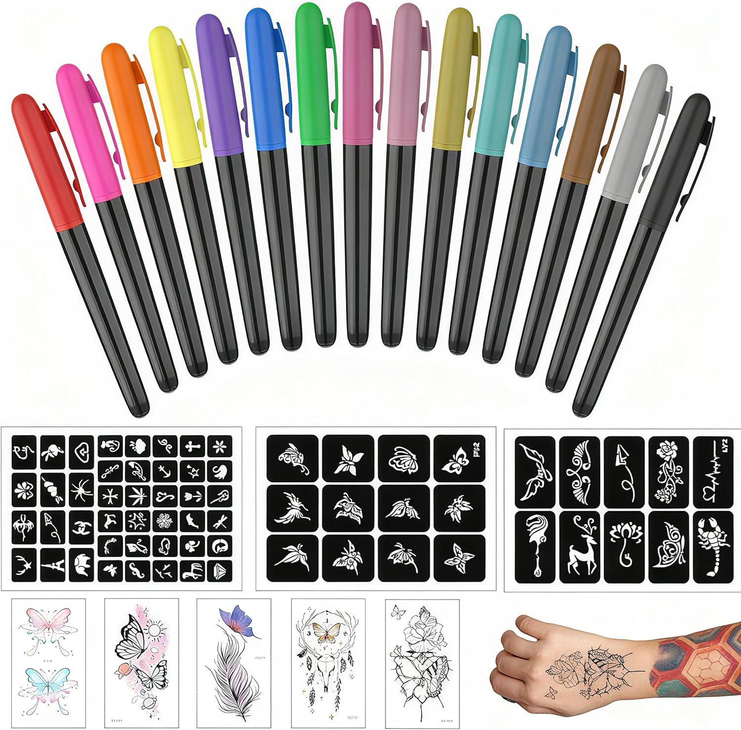 Temporary Tattoo Markers, 15 Tattoo Markers + 64 Tattoo Stencils+ 5 Large Tattoo Stencils of Assorted Colors, Flexible Brush Tip, Non-Toxic, Safe Paint Kit for Kid Teenage Adults