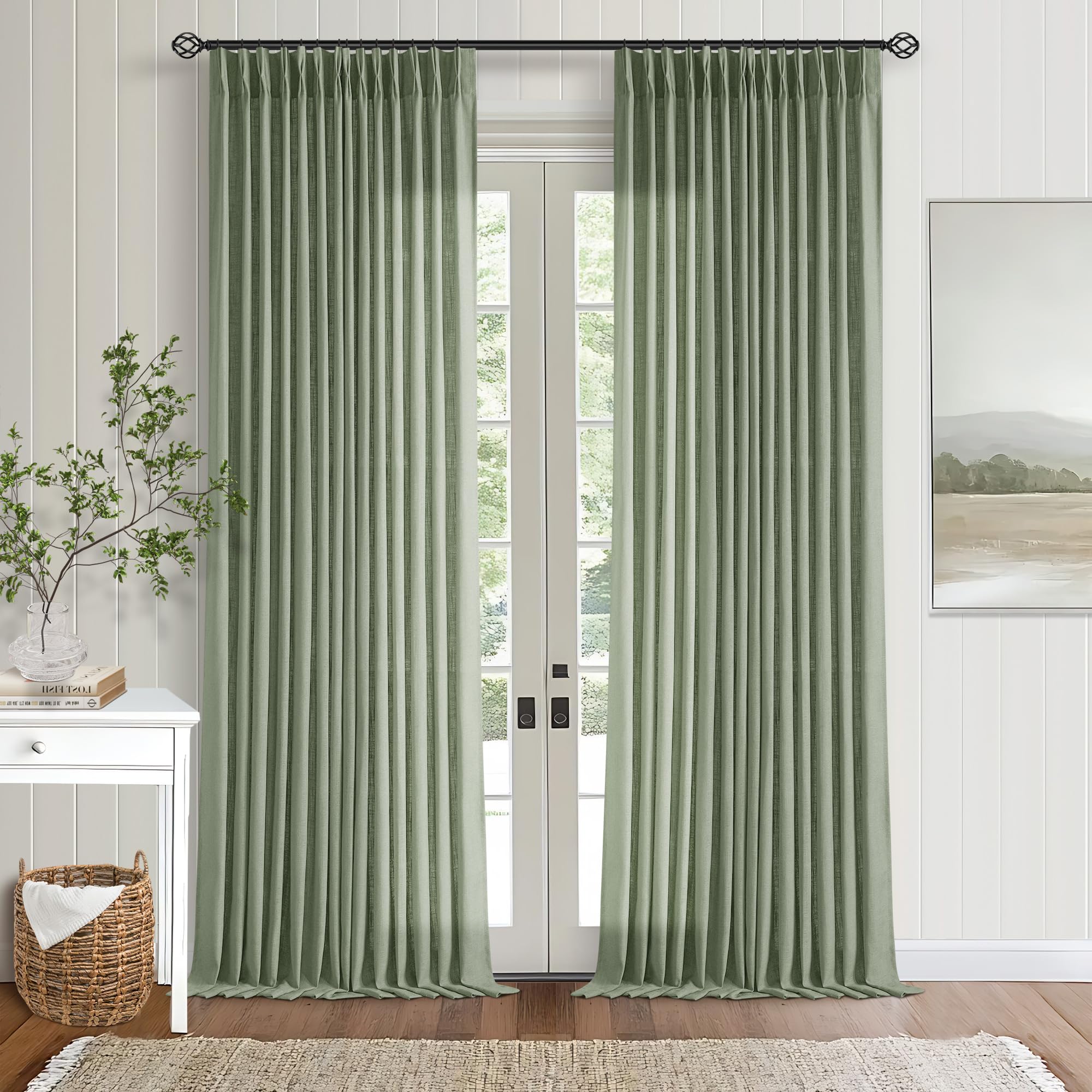 Sage Green Pinch Pleat Linen Semi Sheer Curtains 90 Inches Long 2 Panels — image 1
