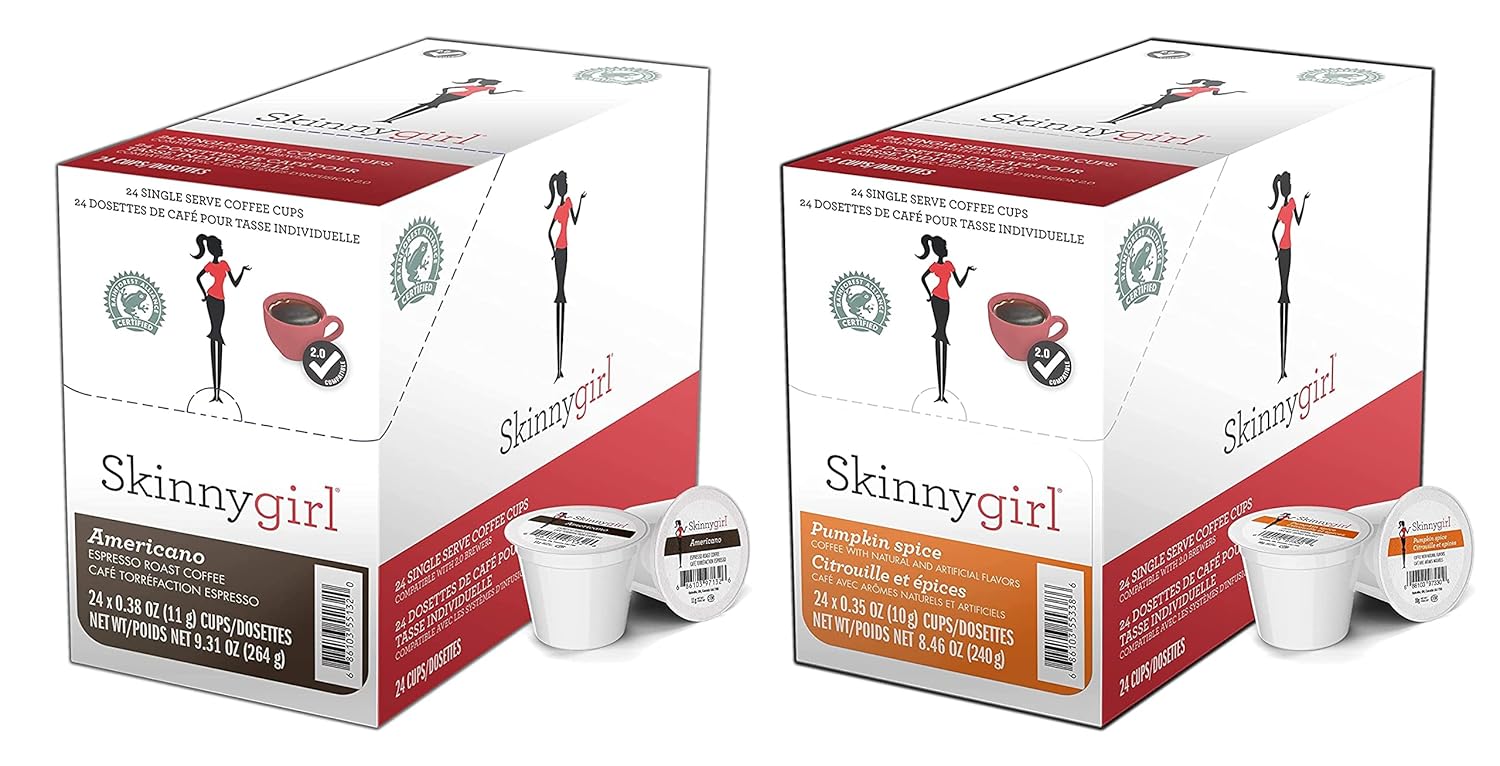 Skinnygirl Flavored Coffee Pods, Single Serve Coffee for Keurig K Cups Machines, 24 Count Americano Espresso Roast and 24 Count Half-Caff Reduced Caffeine, 48 Total Recyclable Pods