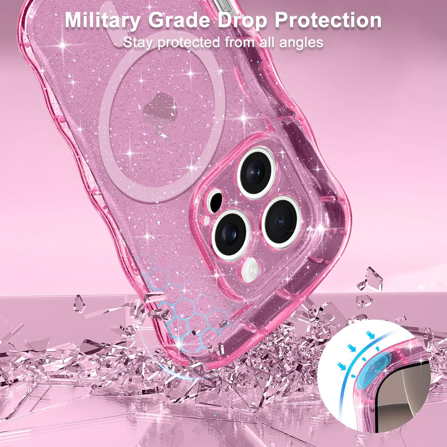 Magnetic for iPhone 16 Pro Max Case Clear, Sparkly Bling Glitter Cute Curly Wave Bumper Cover for Women Girls Compatible with MagSafe TPU Shockproof Phone Case for iPhone 16 Pro Max, Hot Pink - Image 5