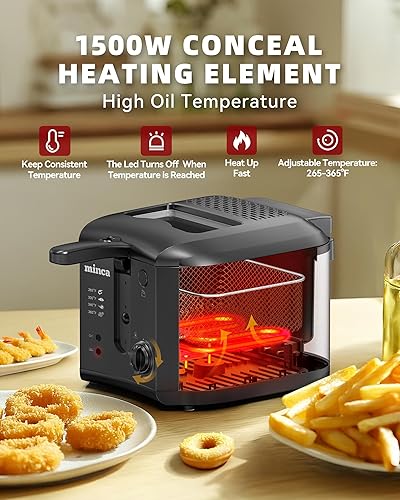 Miniatura 4 de minca Freidora eléctrica de 1500 W, cesta de inmersión de 2.5 litros con mango plegable aislado térmicamente, tapa extraíble con filtro de olor y
