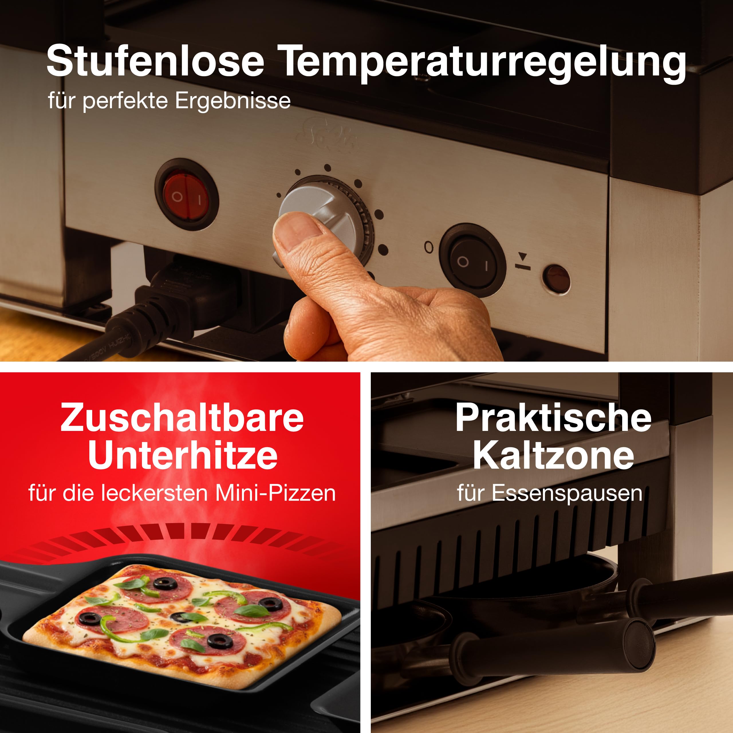 Solis 5in1 Tischgrill mit 1400 W, Elektrischer Grill für 8 Personen, Indoor Grill mit Raclette- und Mini-Wok-Pfännchen, Elektrogrill für Balkon, Garten und Küche, Edelstahl, inkl. Transporttasche