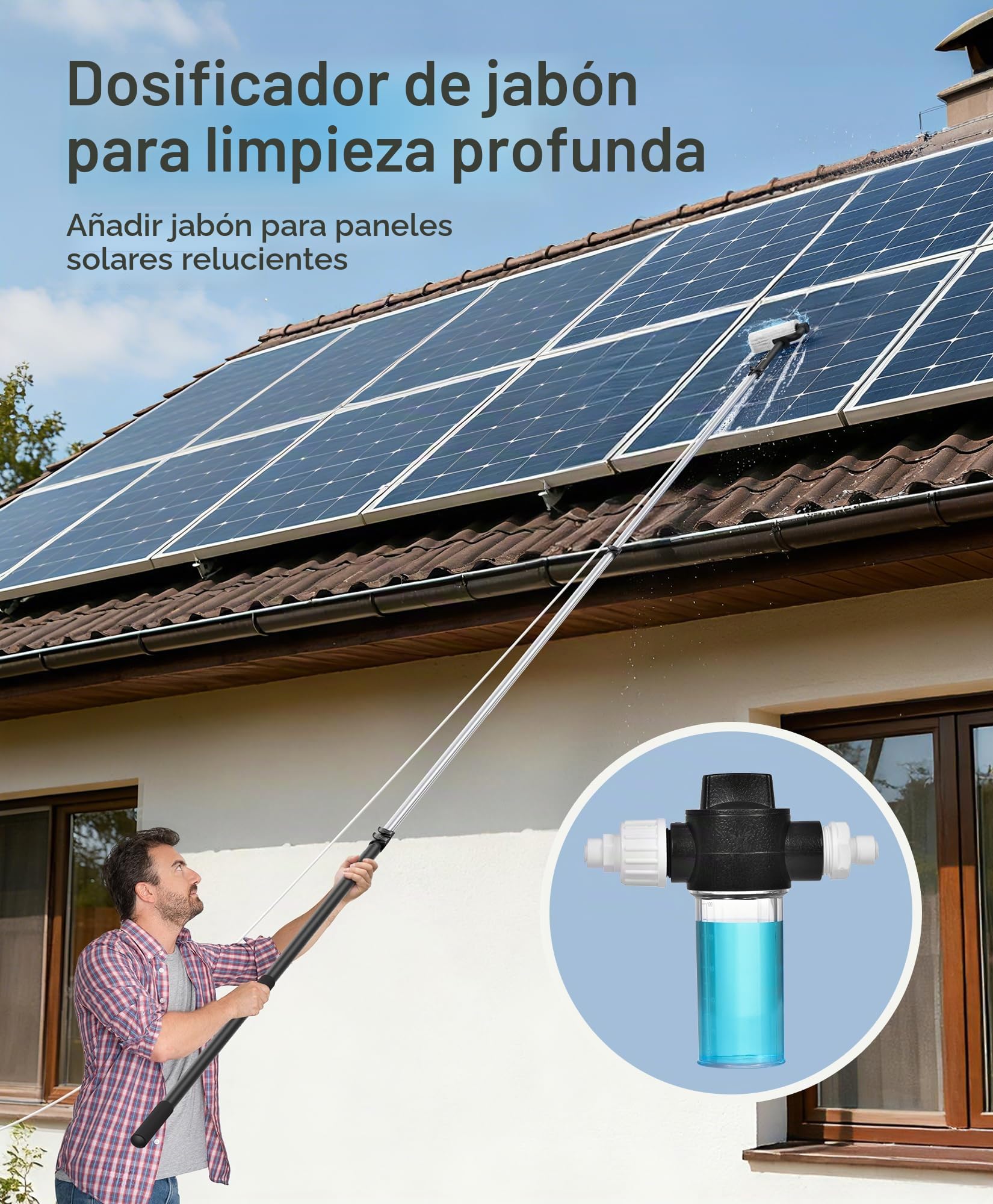 LyriFine Kit de limpieza de panel solar eléctrico, poste de limpieza de ventanas extensible alimentado por agua de 6 metros con poste telescópico de 5 etapas, cepillo de limpieza de ventanas de 2