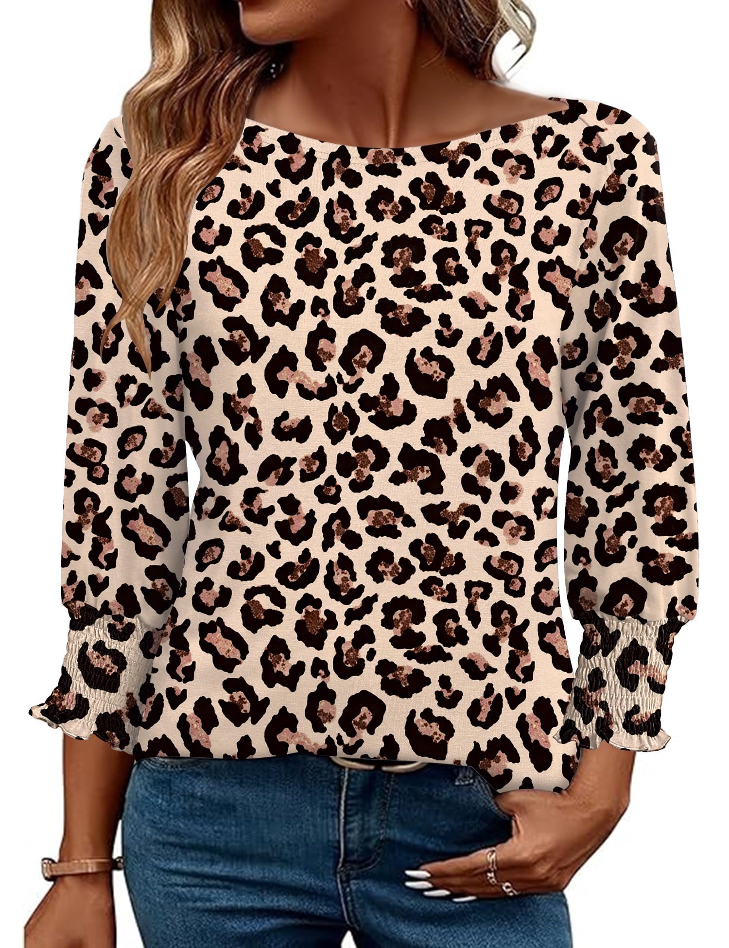 EFFAN Damen Bluse 3/4 Arm U-Boot Ausschnitt Bohemian Tunika Tops Elegant | Sommer Locker Shirt Elegant Lässig Oberteil Blusen