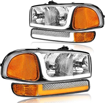 fit1999-2006 GMC Sierra 1500 2500 3500 Headlights w/Dual LED DRL for Yukon XL 1500 2500 NO Denali Trim Models Chrome Housing Amber Reflector