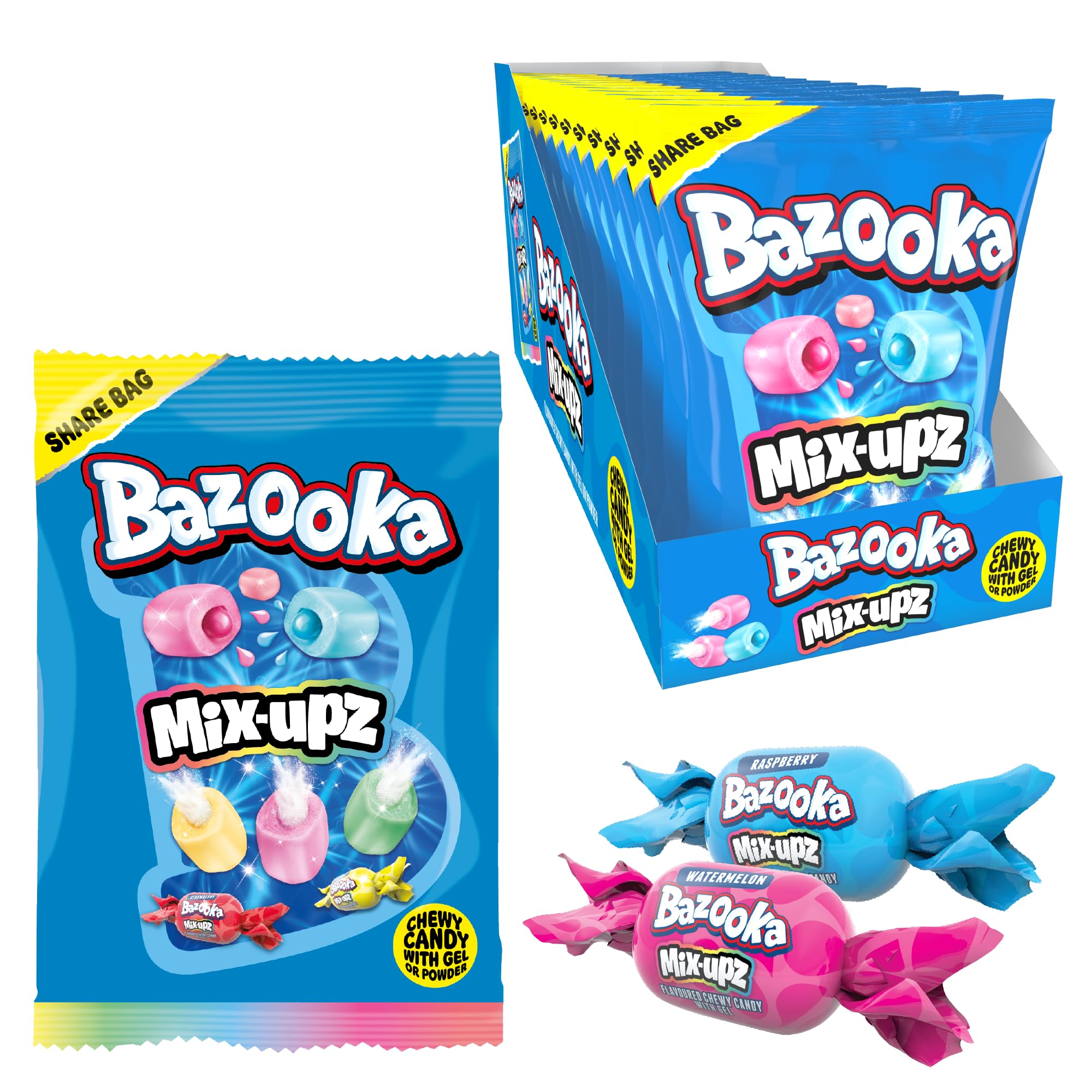 Bazooka Mix Upz (12 x 140g Bulk Sweets) Sweet and Sour Kids Sweets for Party Bags, 6 Tasty Flavours - Halal Sweet and Sour Candy