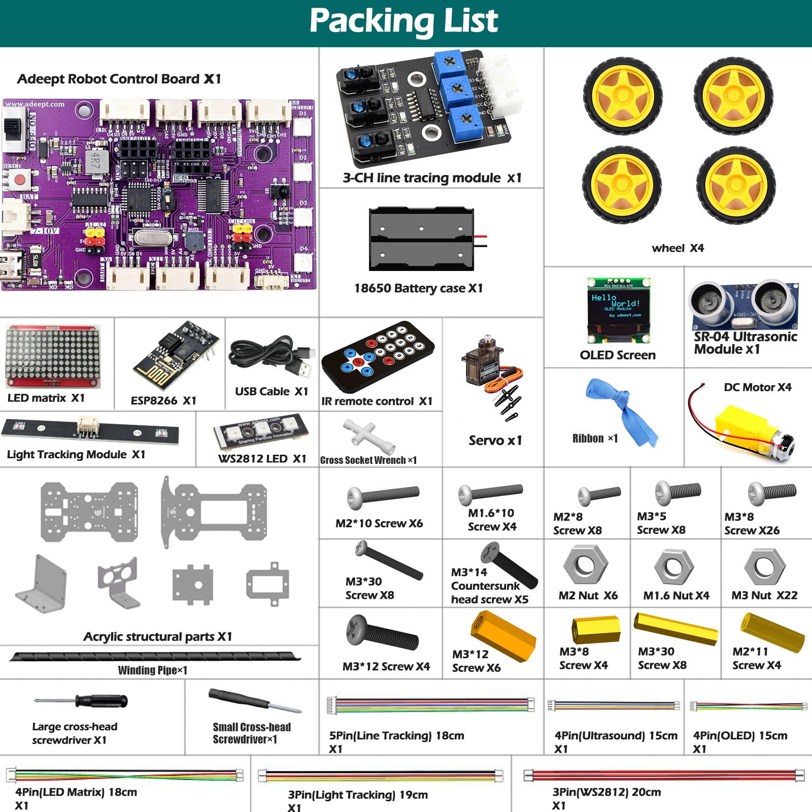 Adeept Kit de Voiture Intelligente 4WD (Compatible avec Arduino IDE), Suivi de Ligne, Suivi de Lumière, Évitement d'Obstacles, Moteur Servo, Écran OLED, Buzzer, Écran à Matrice de Points LED