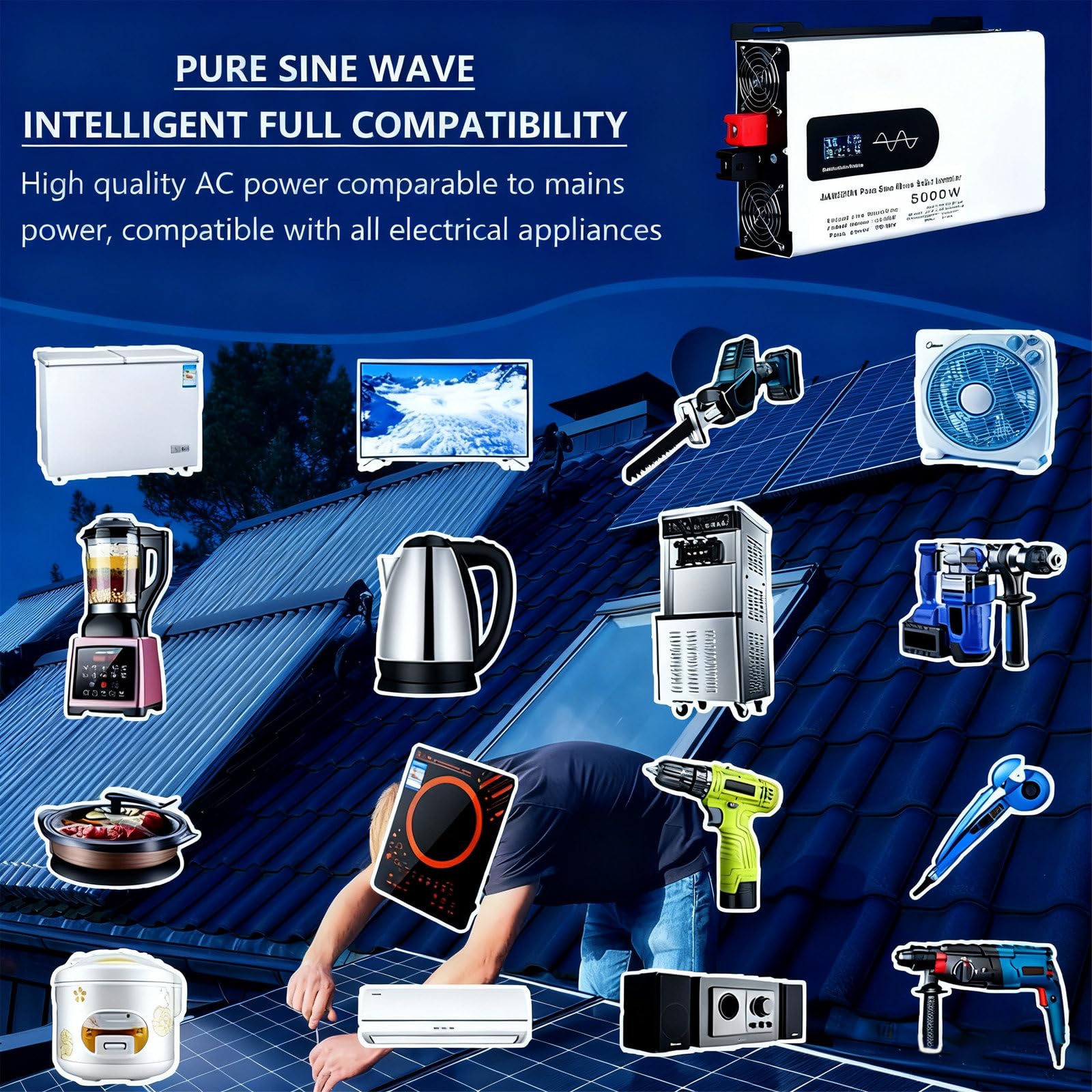Falownik sinusoidalny 900 W, moc szczytowa 1800 W, w pełni metalowa obudowa z inteligentnym wyświetlaczem HD do kamperów, urządzeń solarnych, urządzeń ogrodowych i domowych 12v