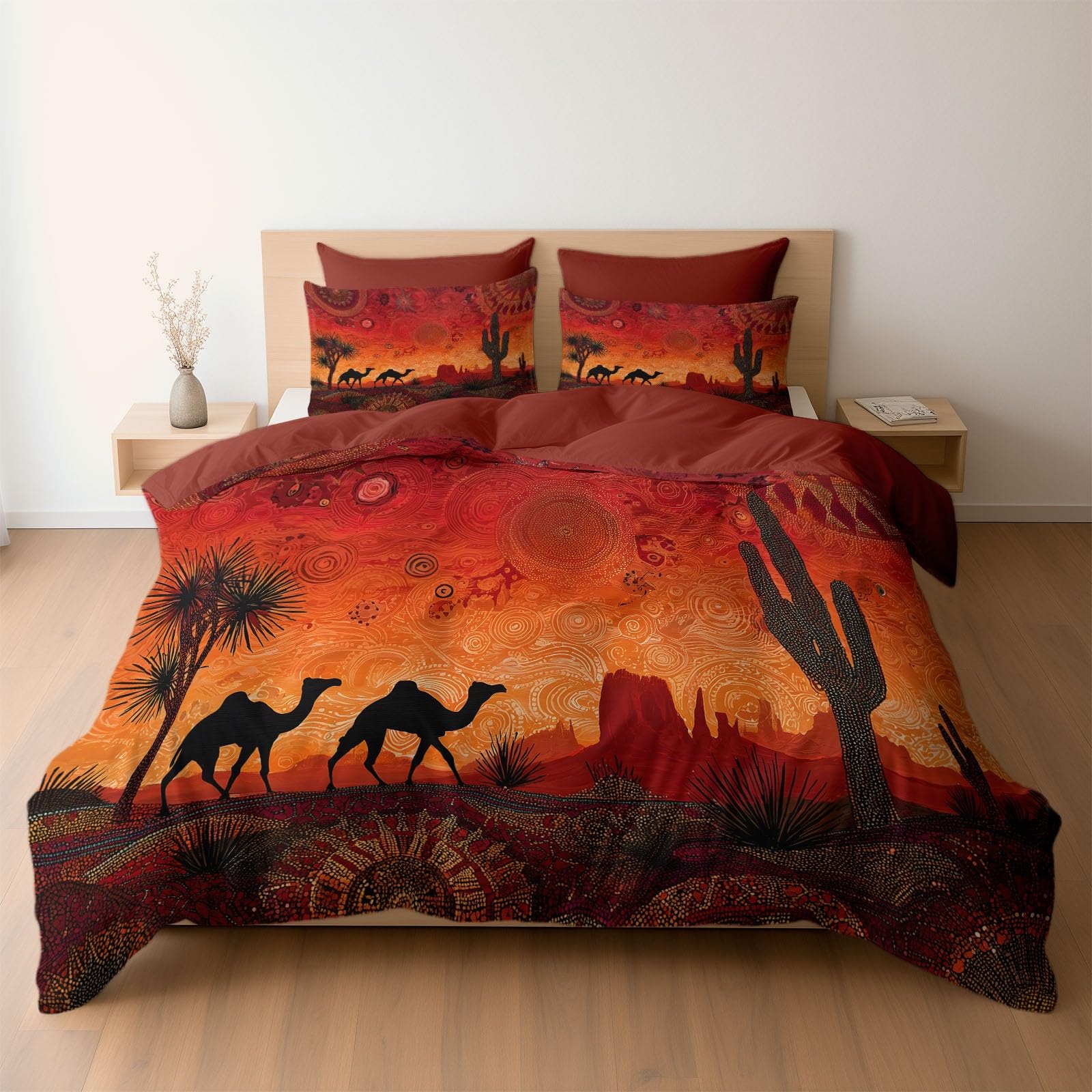Generisch Boho Stil Kamel Kaktus Wüste Sternbilder 3-teiliges Bettwäsche-Set, 1 Bettbezug 240 x 220 cm und 2 Kissenbezüge 80 x 80 cm,aus bügelfreier Mikrofaser Ziegel