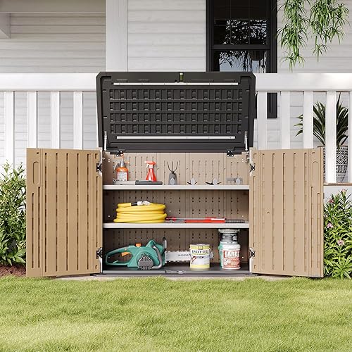 Miniatura 13 de Aoxun Armario de almacenamiento blanco para exteriores con 2 estantes, cobertizo de almacenamiento de bote de basura de 35 pies cúbicos,