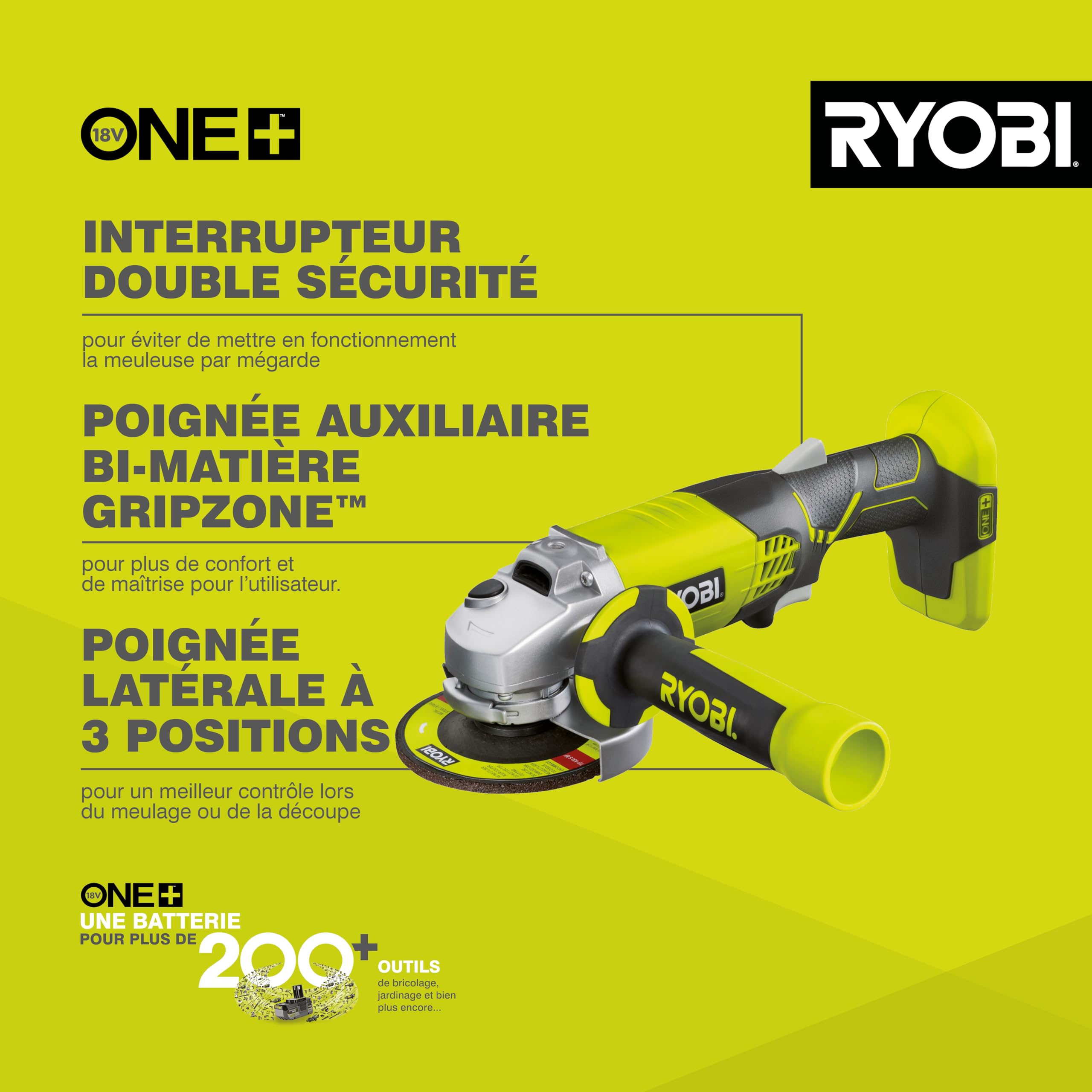 RYOBI - Meuleuse d'Angle Électrique Sans Fil 18V ONE+ Ø115mm - Utilisations sur Métal, Pierre, Parpaing, Ciment et Marbre - Bonne Autonomie - Livrée avec Accessoires - R18AG-0