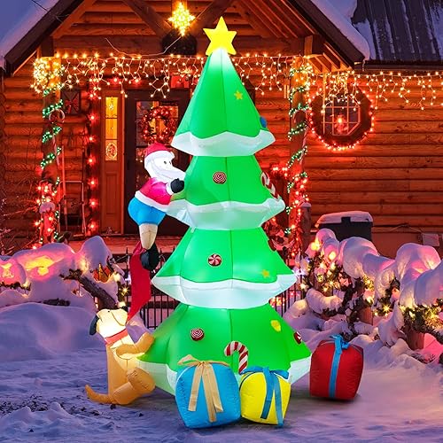 COSTWAY Árbol de Navidad inflable de 7 pies con decoración autoinflable de Papá Noel y perro