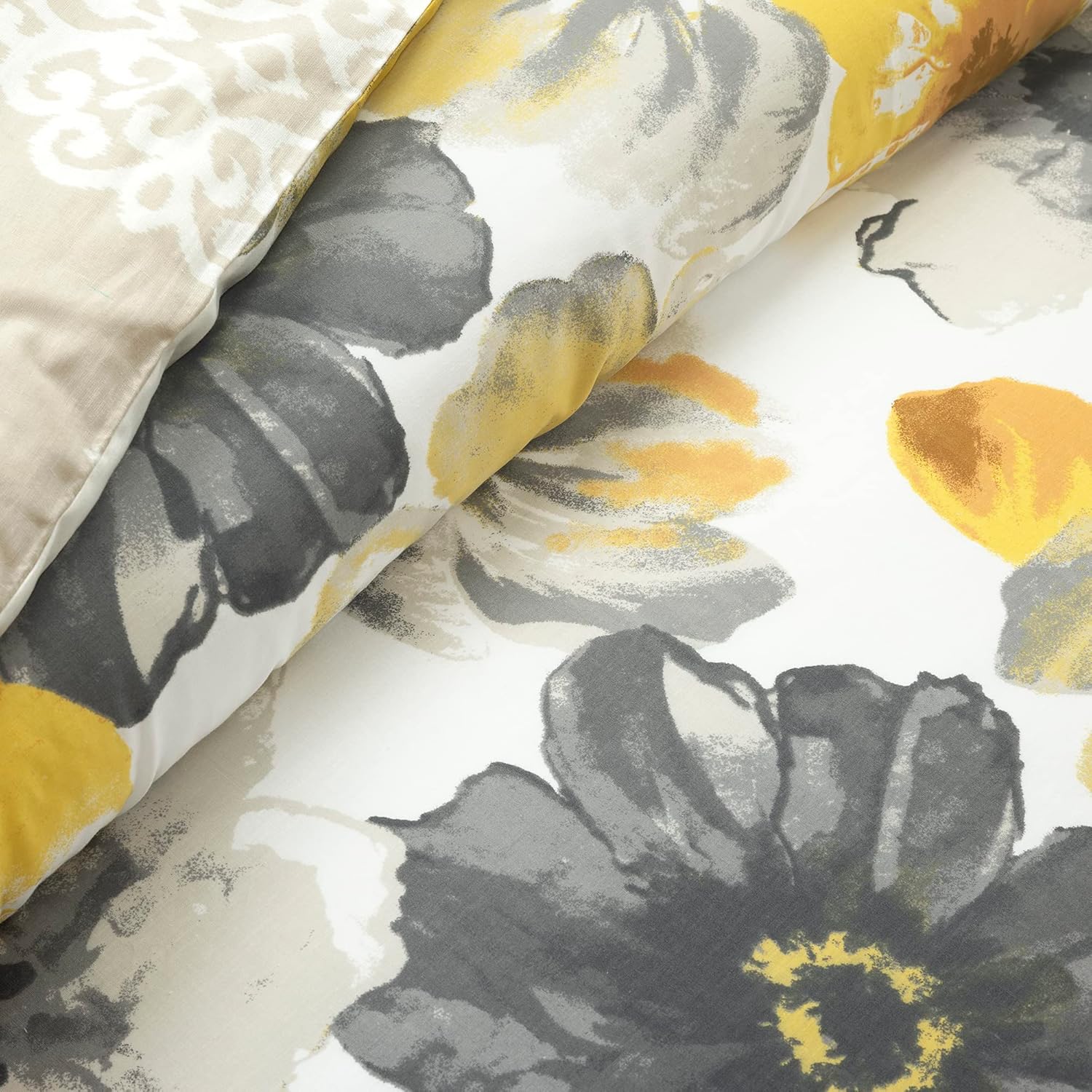 Lush Decor Leah Reversible 100% Cotton Duvet Cover Set, 3 Piece Set, Full/ Queen, Yellow & Gray - Queen Bedding Set - Yellow Duvet Cover - Country Floral Decor